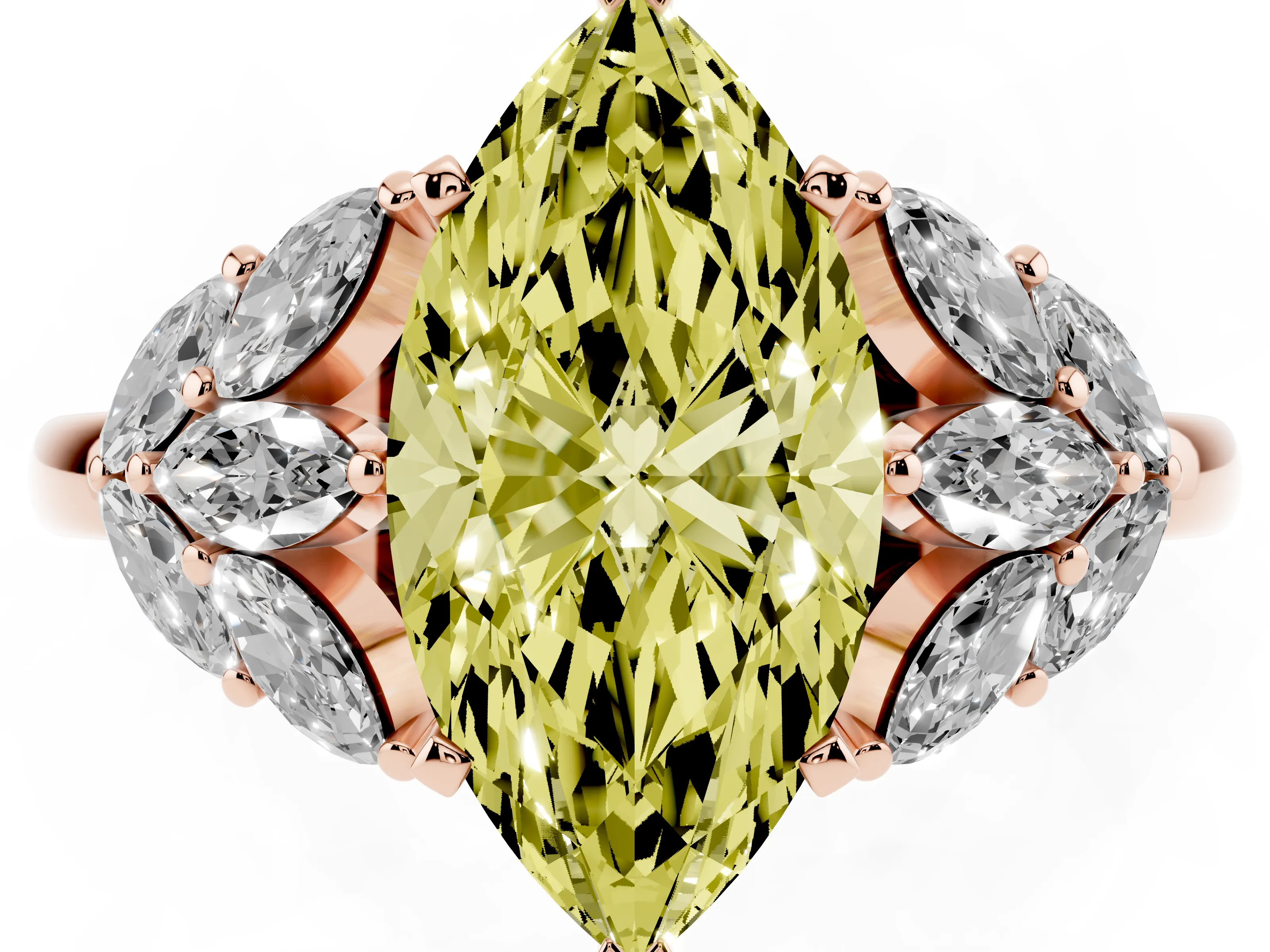 Fancy Yellow Marquise Cut Diamond Cluster Leaf Design Ring Set in Rose gold with Prong Setting