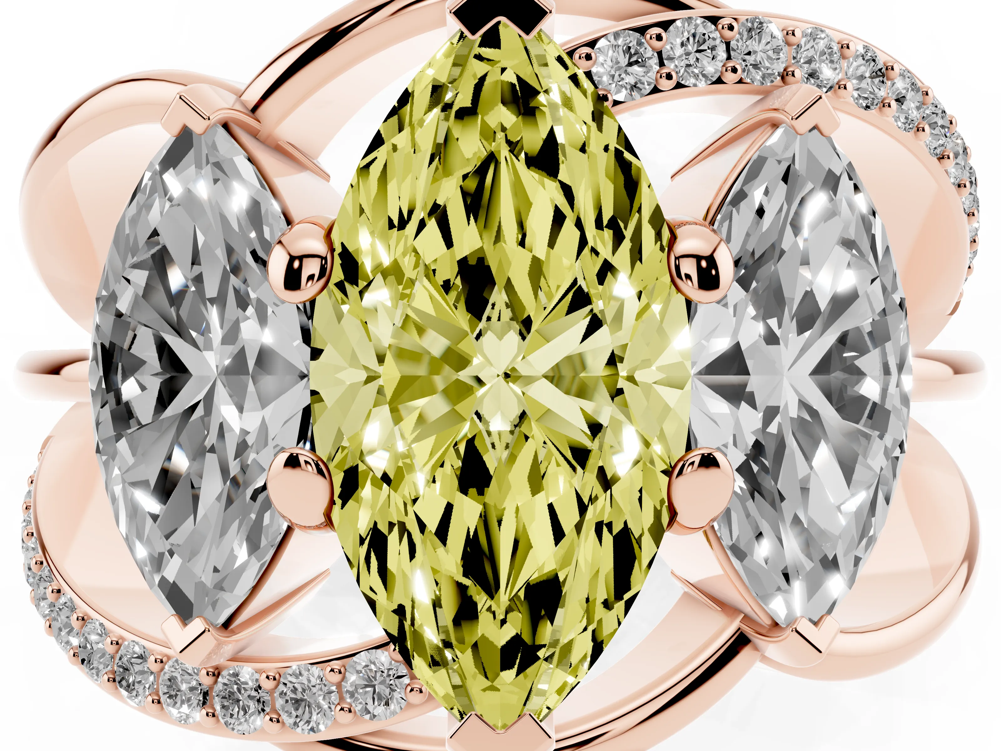 Fancy Yellow Marquise Cut Diamond Three-Stone Ring Set in Rose gold with Split Shank and Prong Setting