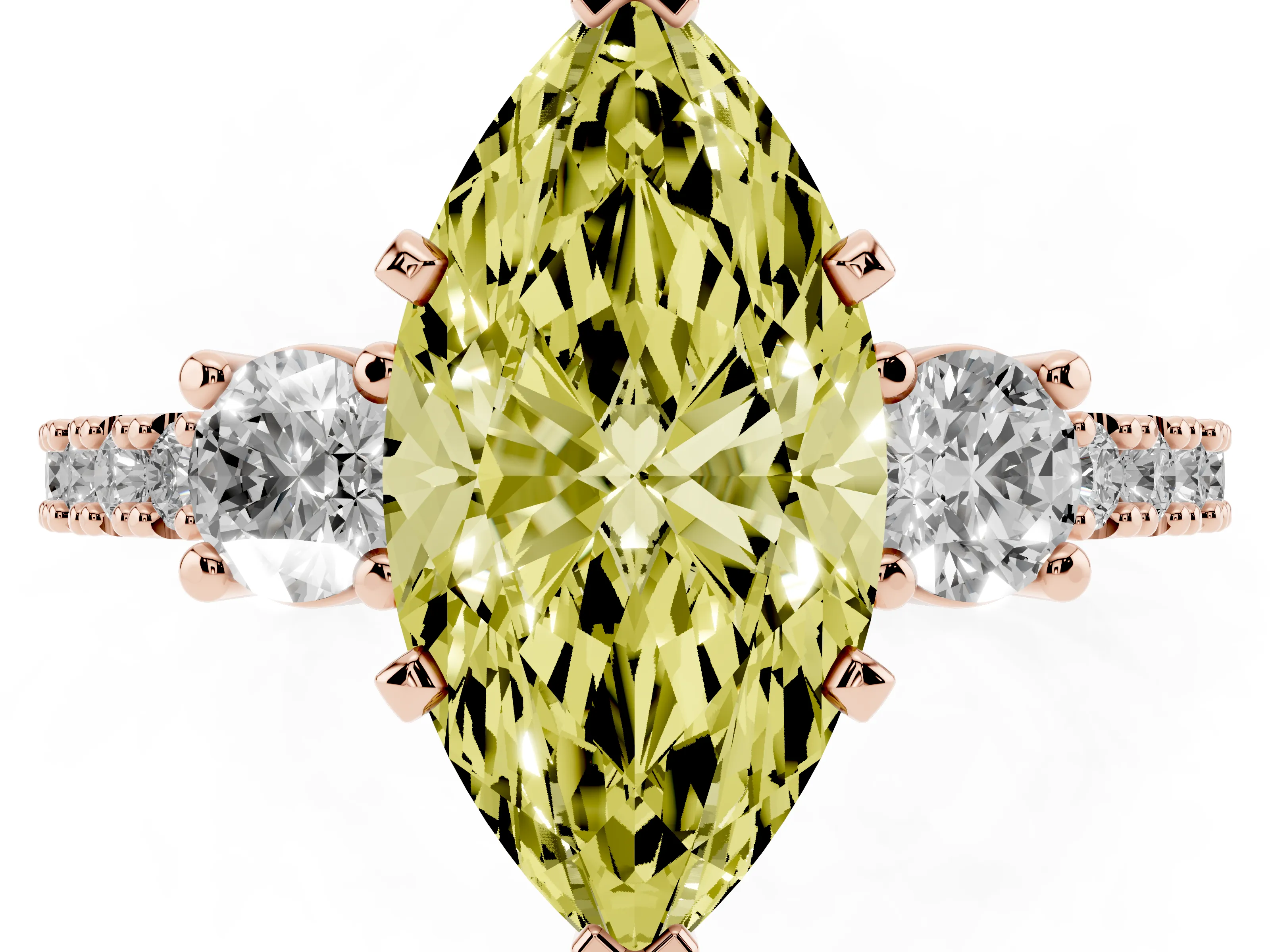 Fancy Yellow Three-Stone Marquise Cut Diamond Pavé Band Ring Set in Rose gold with Prong Setting