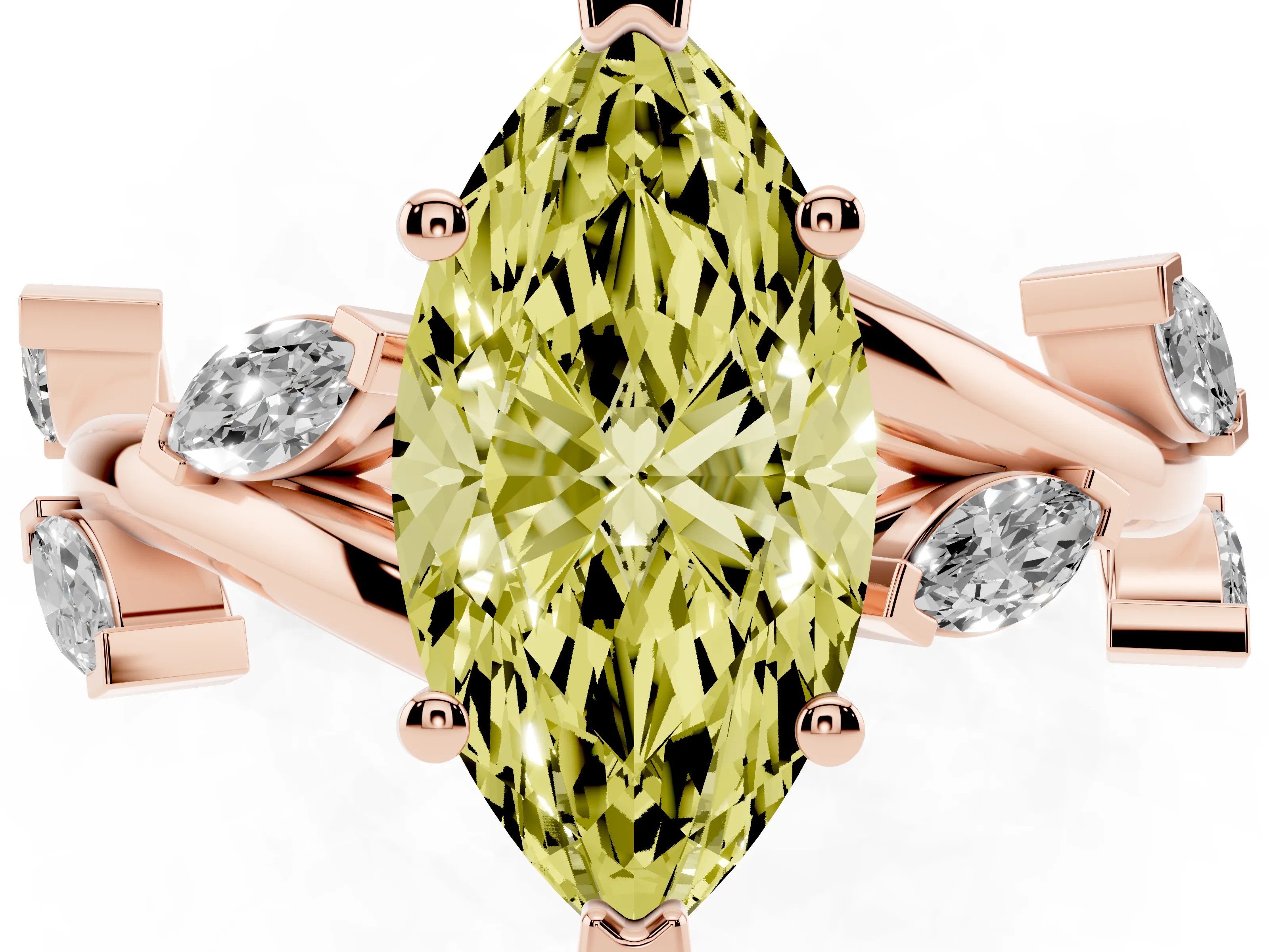 Fancy Yellow Marquise Cut Diamond Solitaire Ring Set in Rose gold with Twisted Marquise Accent Band