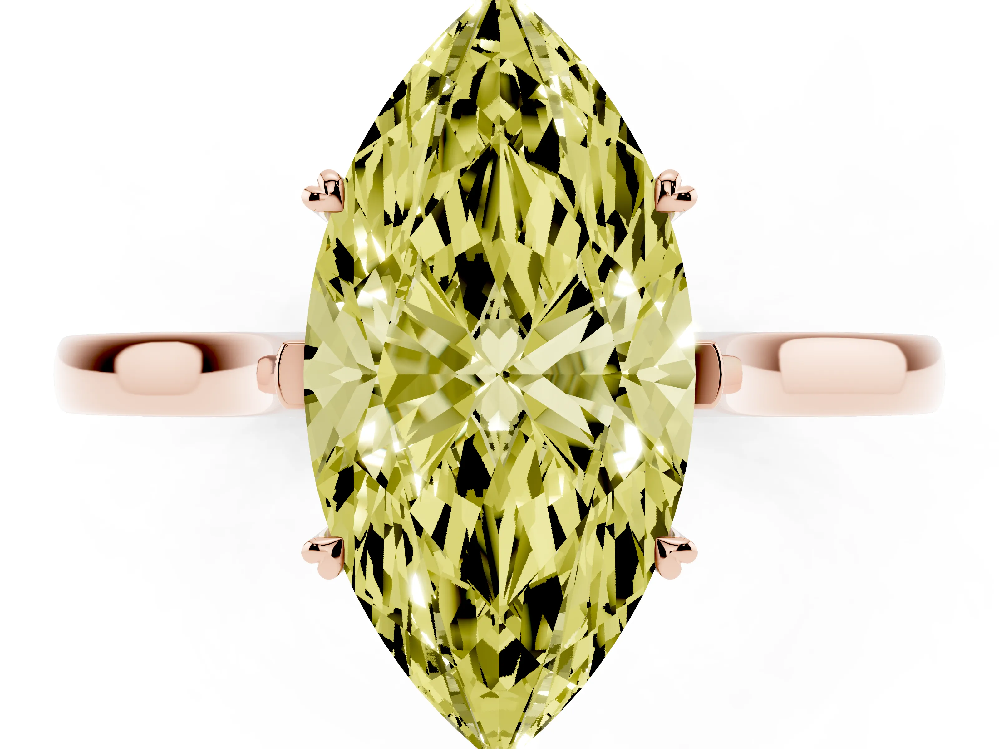 Fancy Yellow Marquise Cut Diamond Solitaire Heart Prong Engagement Ring Set in Rose gold with Tapered Band