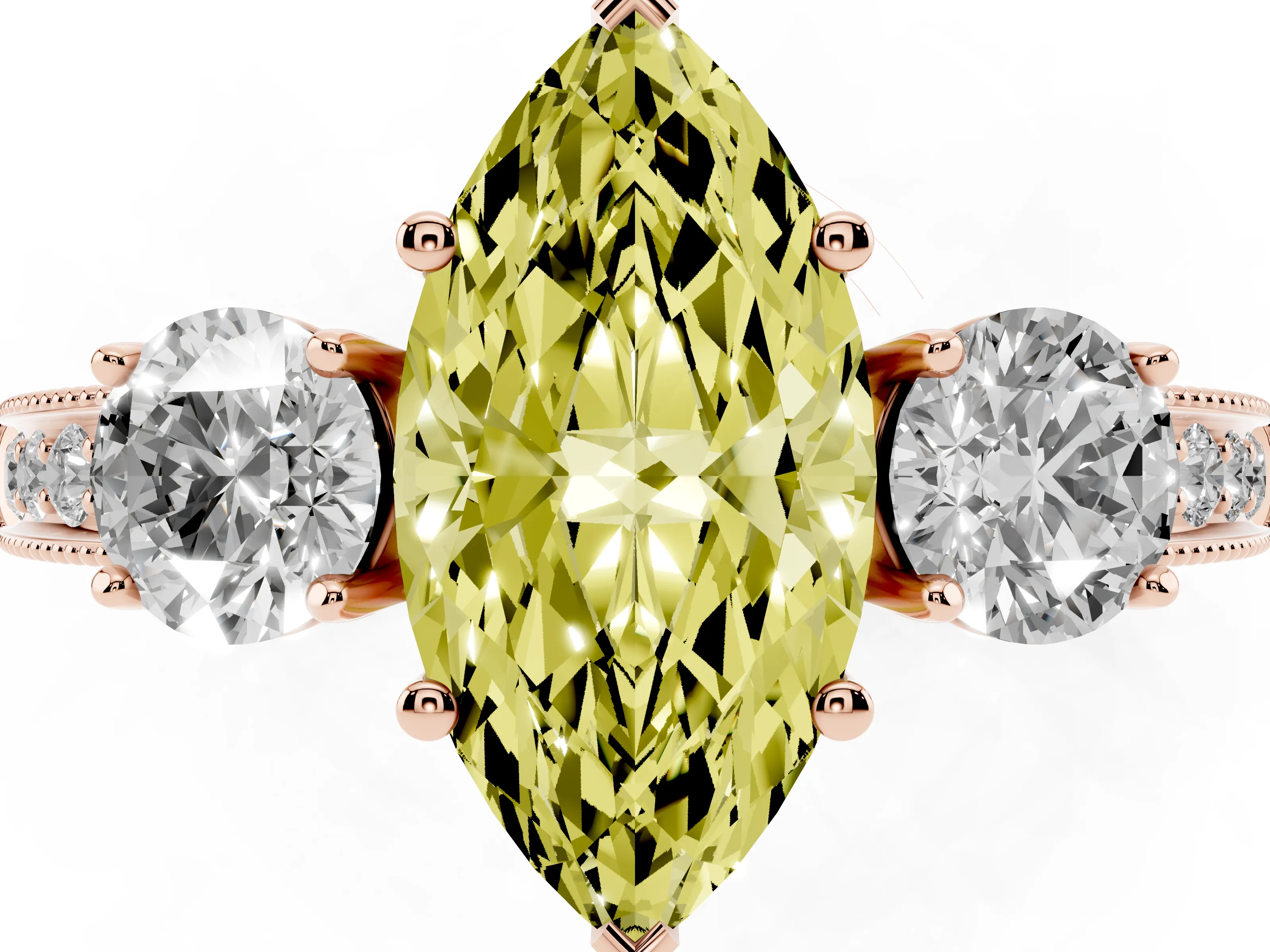 Fancy Yellow Marquise Cut Diamond Three-Stone Ring Set in Rose gold with Round Side Stones and Pavé Band