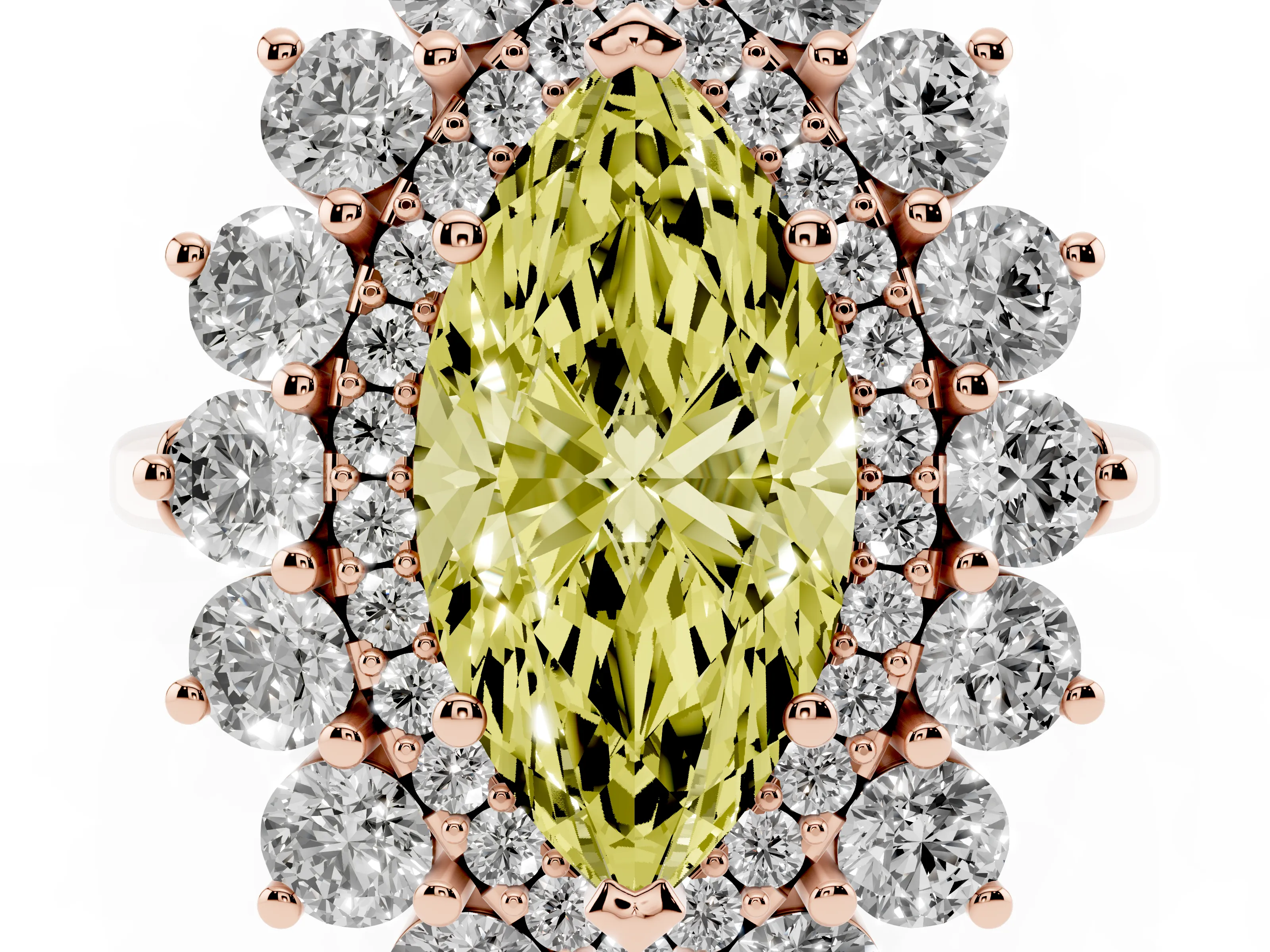 Fancy Yellow Marquise Cut Diamond Floral Double Halo Ring Set in Rose gold with Round Petals
