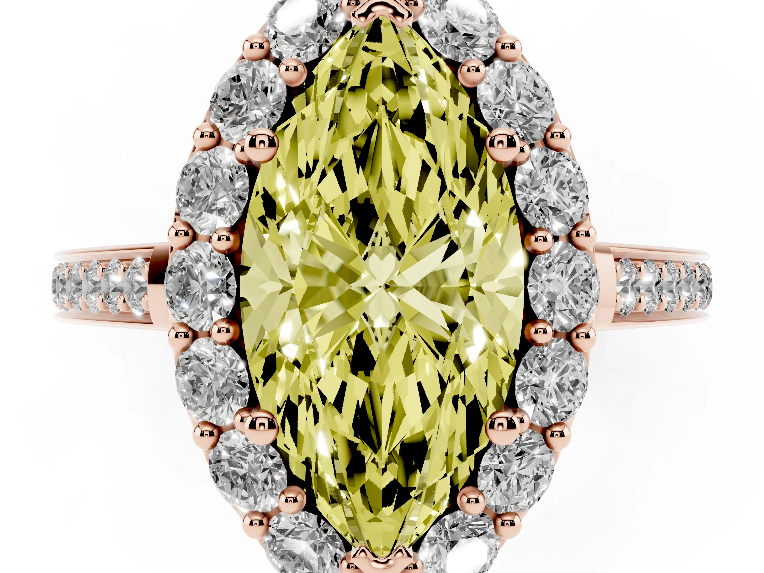 Fancy Yellow Marquise Cut Diamond Floral Halo Ring Set in Rose gold with Pavé Band and Prong Setting