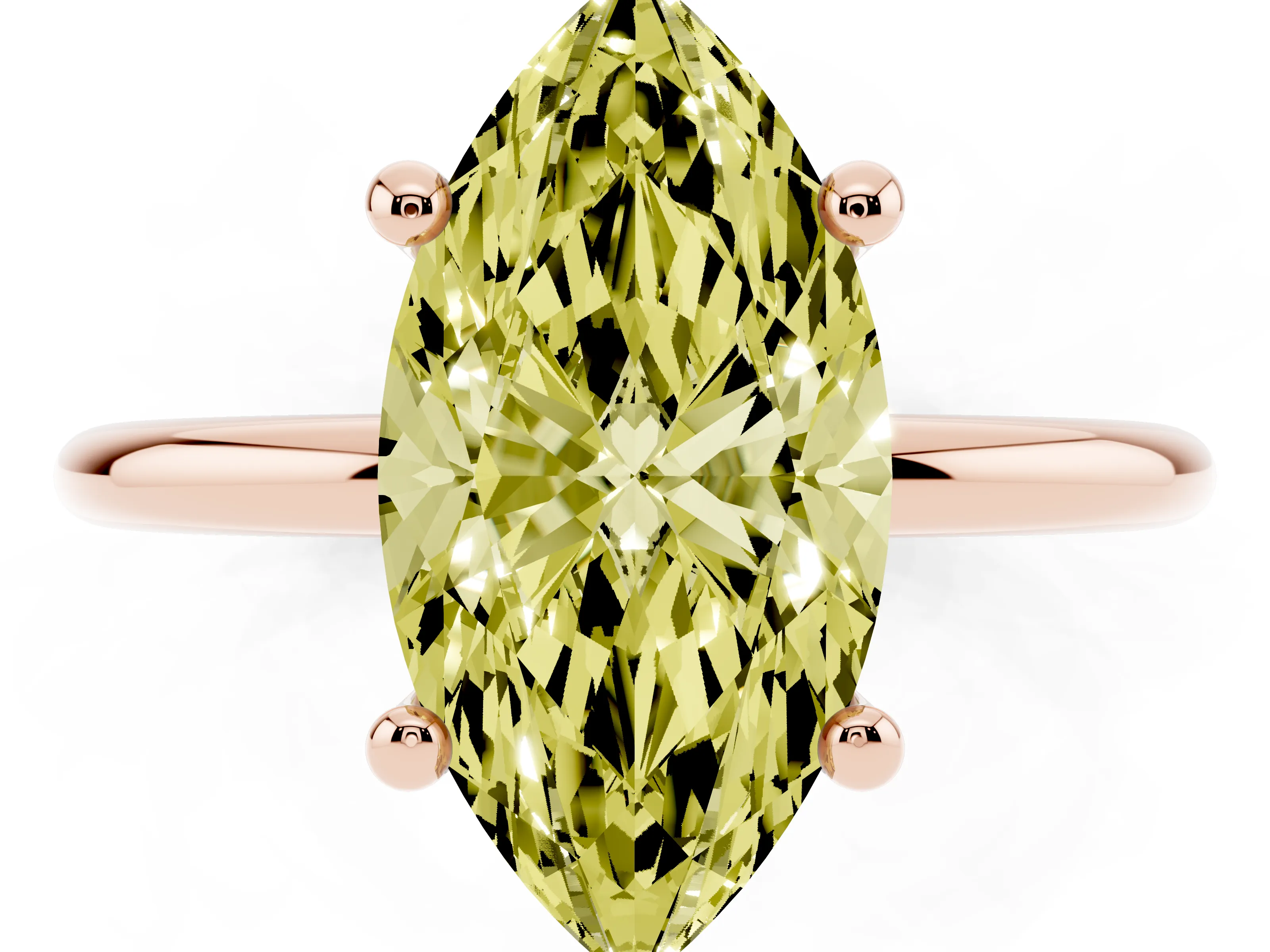 Fancy Yellow Marquise Cut Diamond Solitaire Ring Set in Rose gold with Secure Prong Setting on a Classic Band