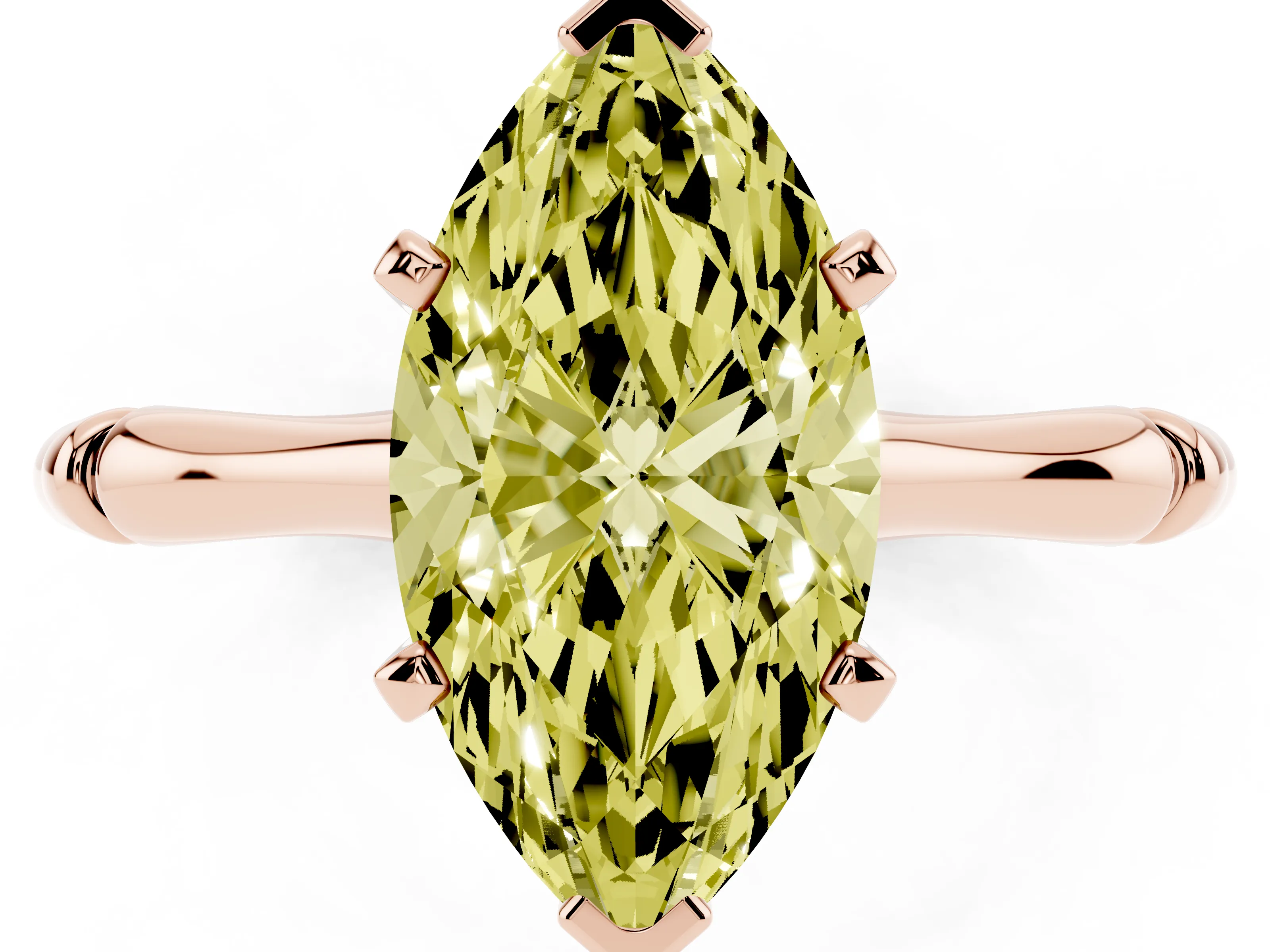 Fancy Yellow Marquise Cut Diamond Solitaire Ring Set in Rose gold with Bamboo Band and Prong Setting