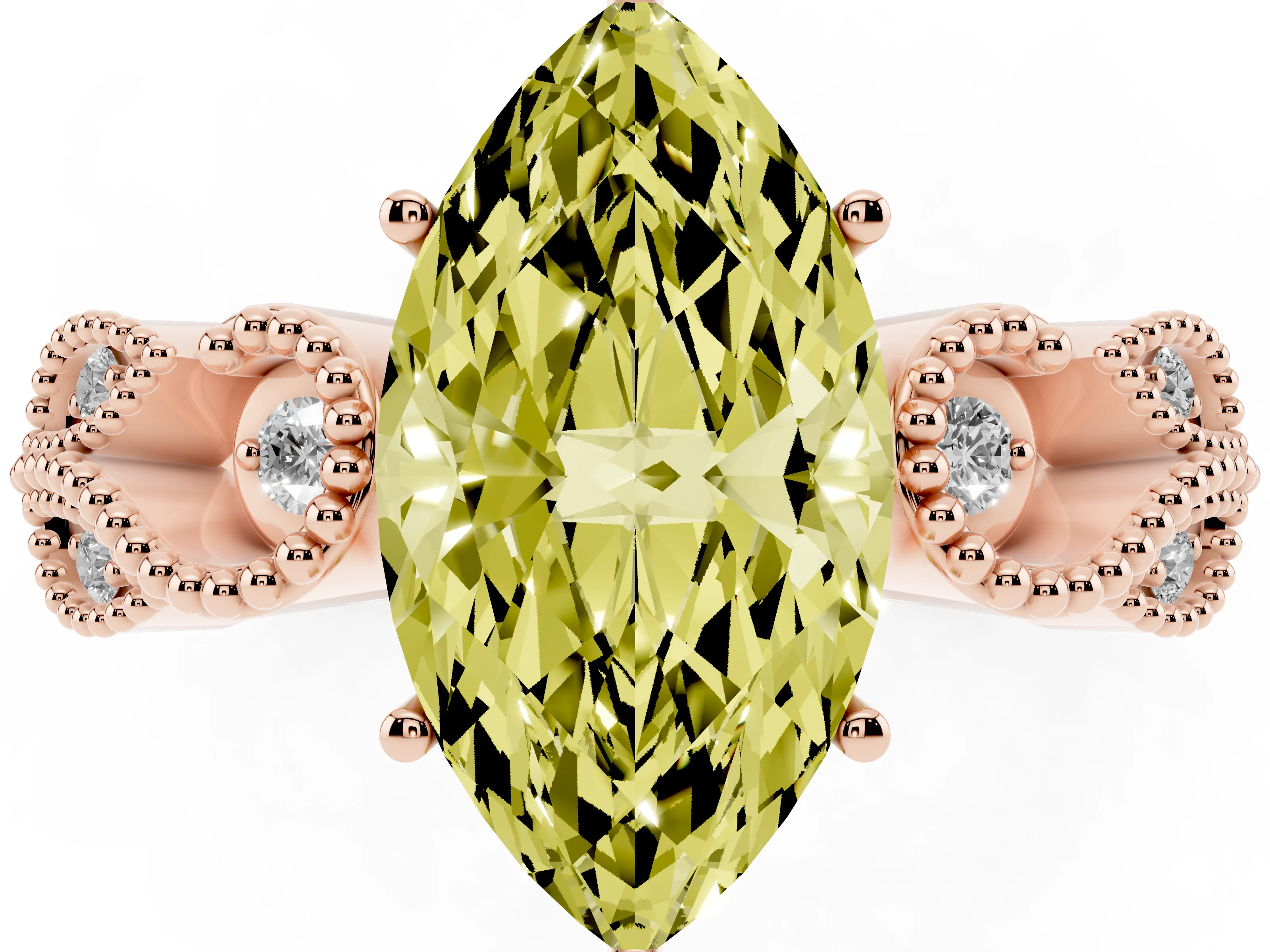 Fancy Yellow Marquise Cut Diamond Milgrain Leaf Band Solitaire Ring Set in Rose gold with Accent Stones and Prong Setting