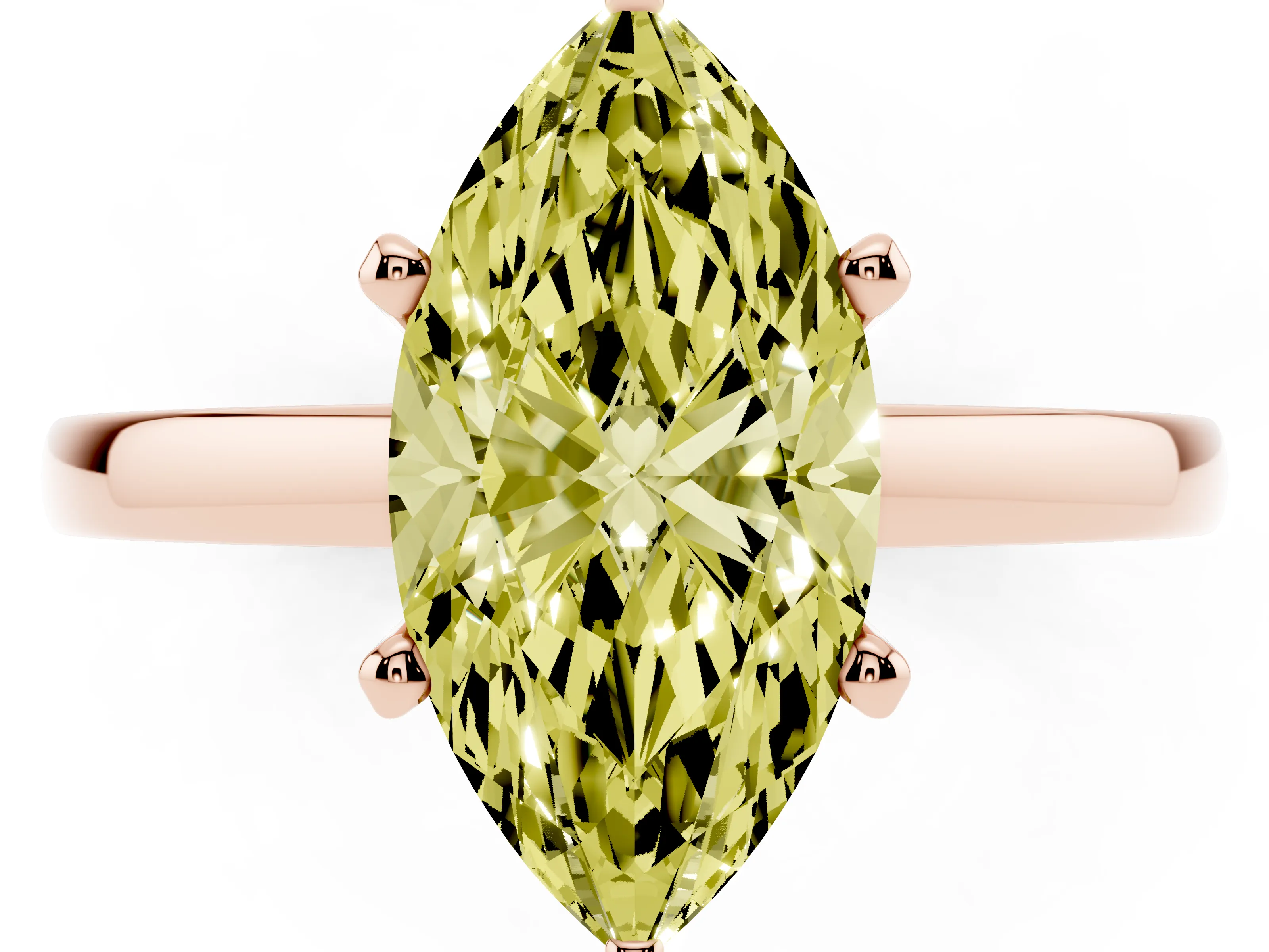 Fancy Yellow Marquise Cut Diamond Solitaire Engagement Ring Set in Rose gold with Prong Setting on a Classic Band