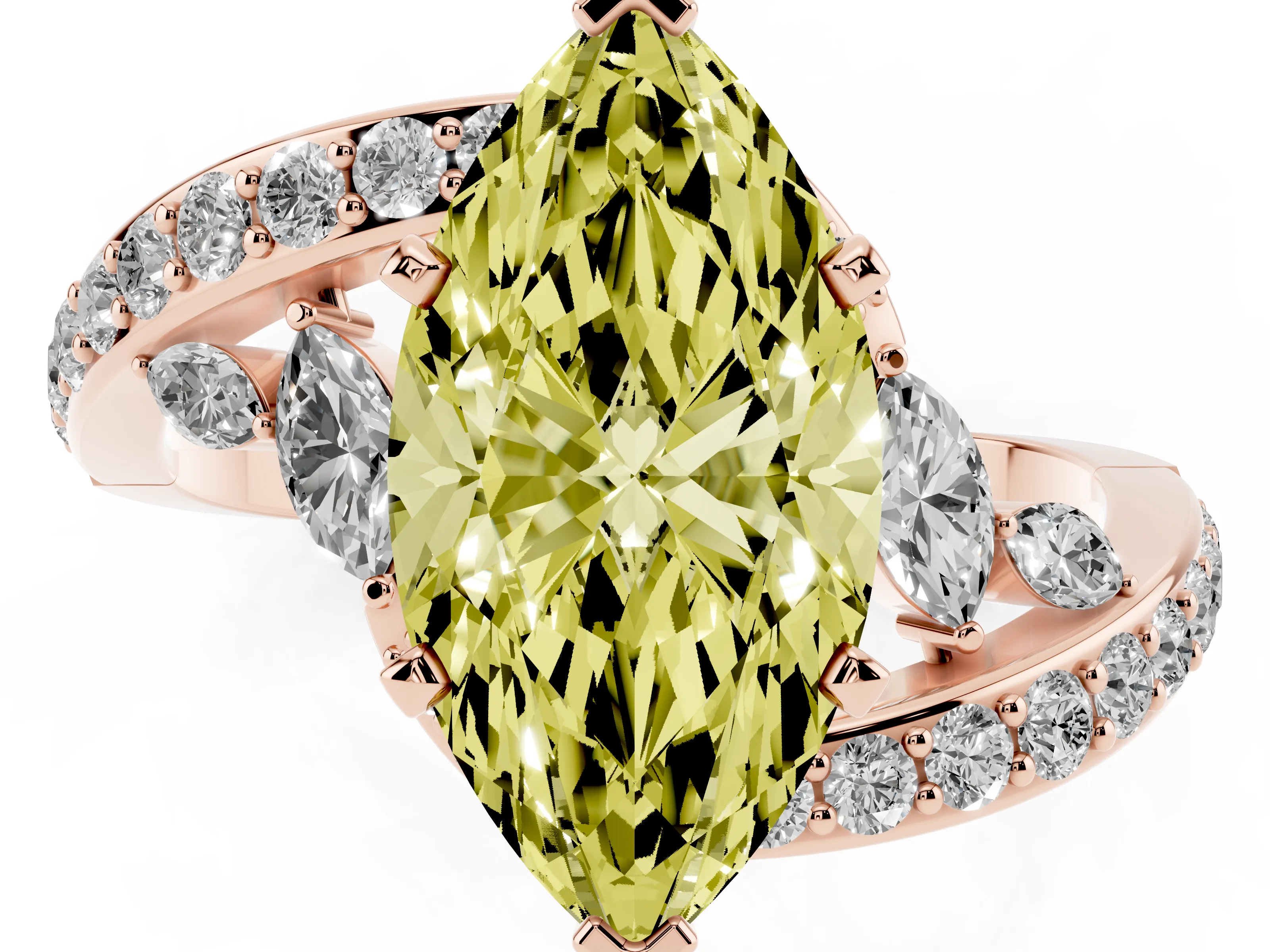 Fancy Yellow Marquise Cut Diamond Solitaire Ring Set in Rose gold with Pavé Twist Band and Secure Prong Setting