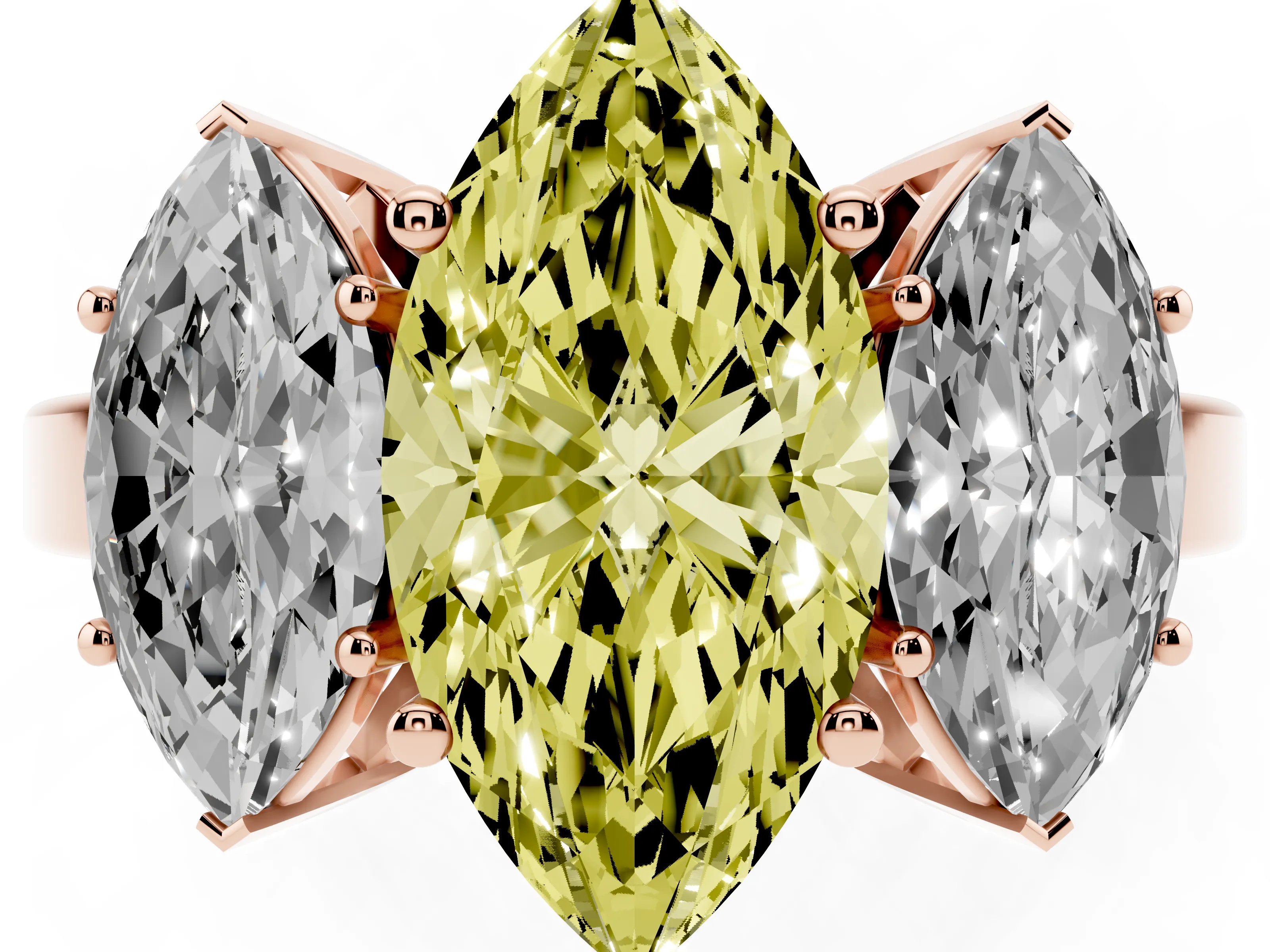 Fancy Yellow Marquise Cut Diamond Three-Stone Engagement Ring Set in Rose gold with Flat Band