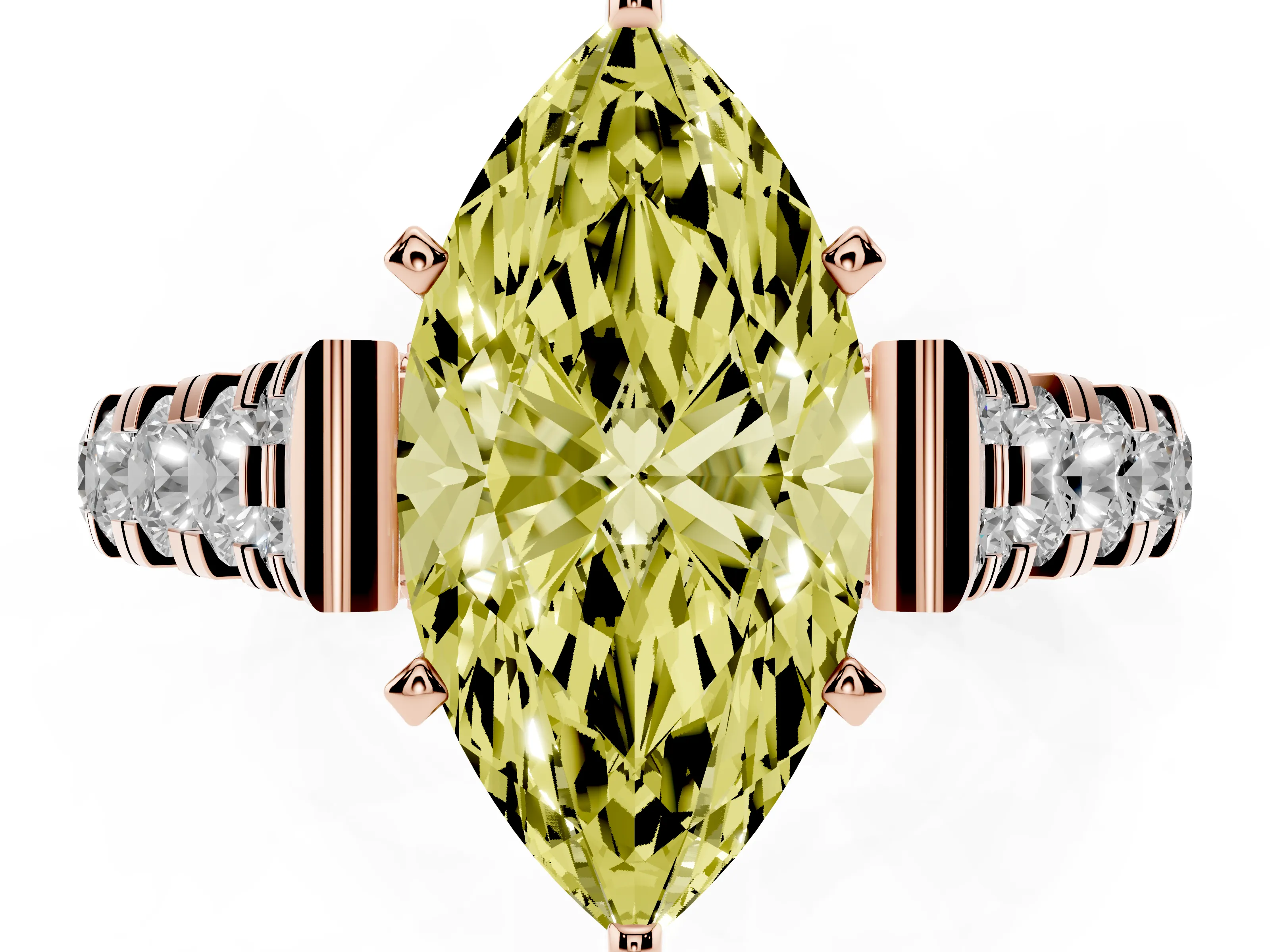 Fancy Yellow Marquise Cut Diamond Classic Solitaire Ring Set in Rose gold with Pavé Band and Prong Setting