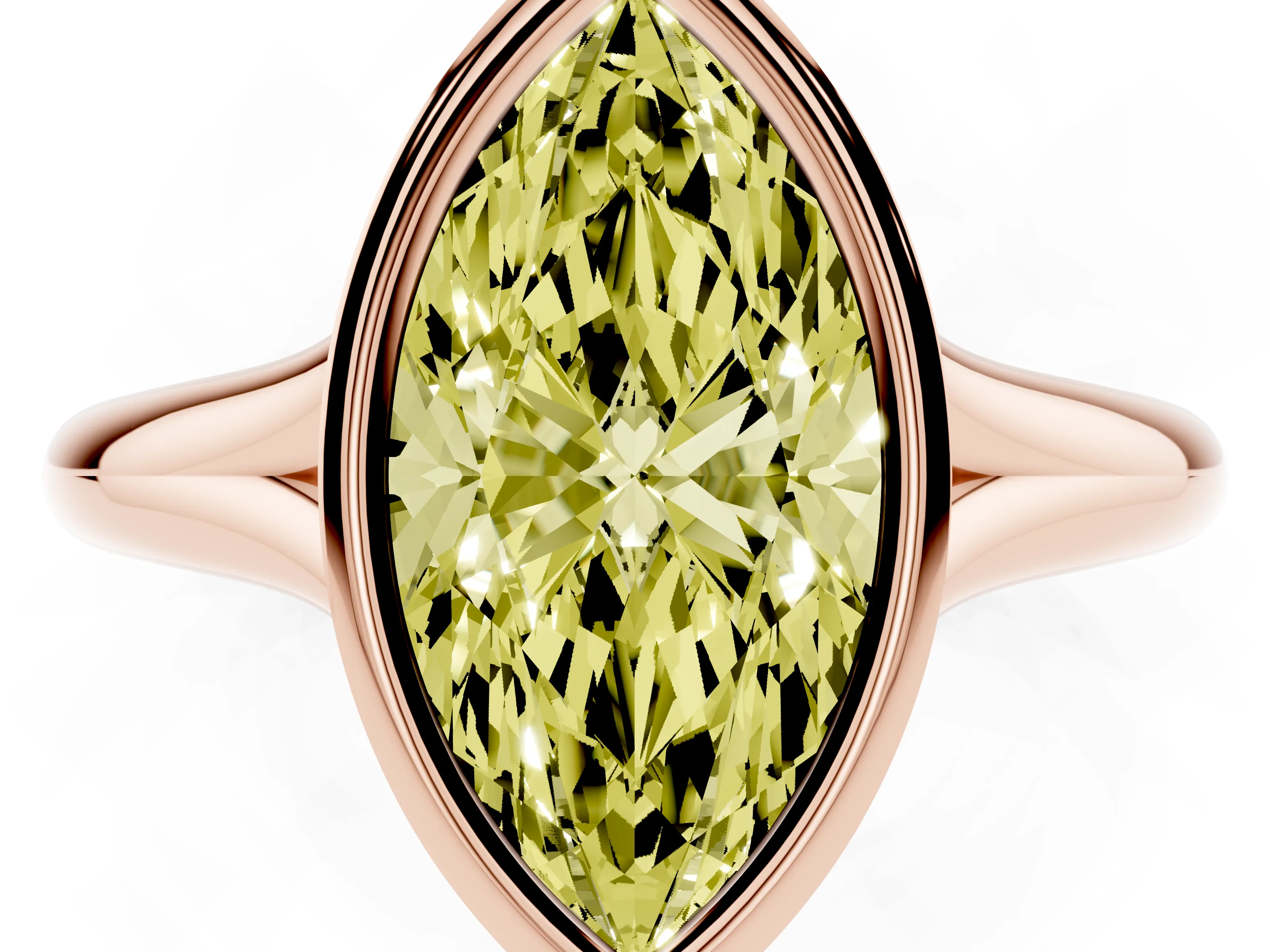 Fancy Yellow Bezel Set Marquise Cut Diamond Solitaire Ring Set in Rose gold with Smooth Band