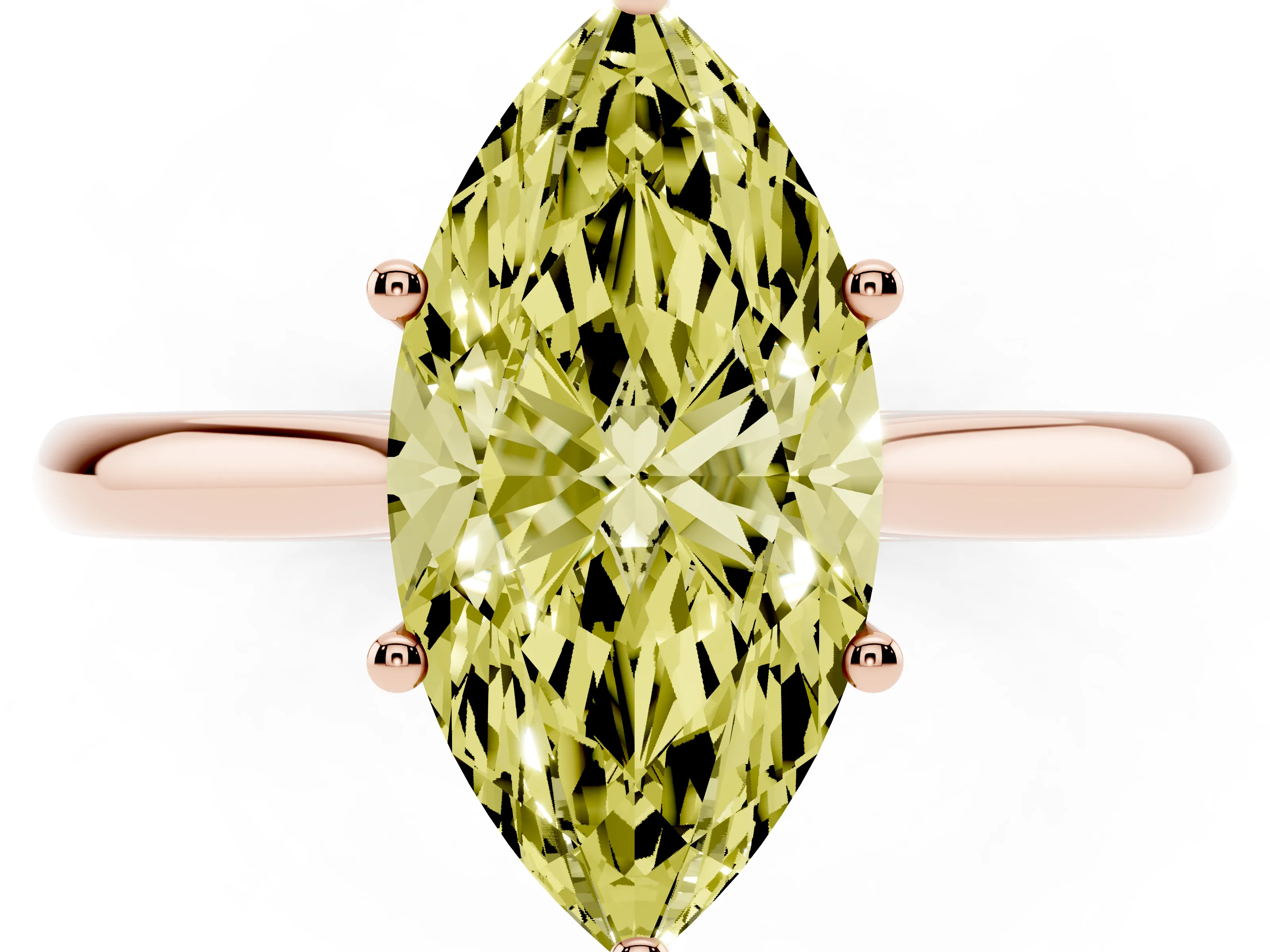Fancy Yellow Marquise Cut Diamond Solitaire Ring Set in Rose gold with Cathedral Band and Prong Setting