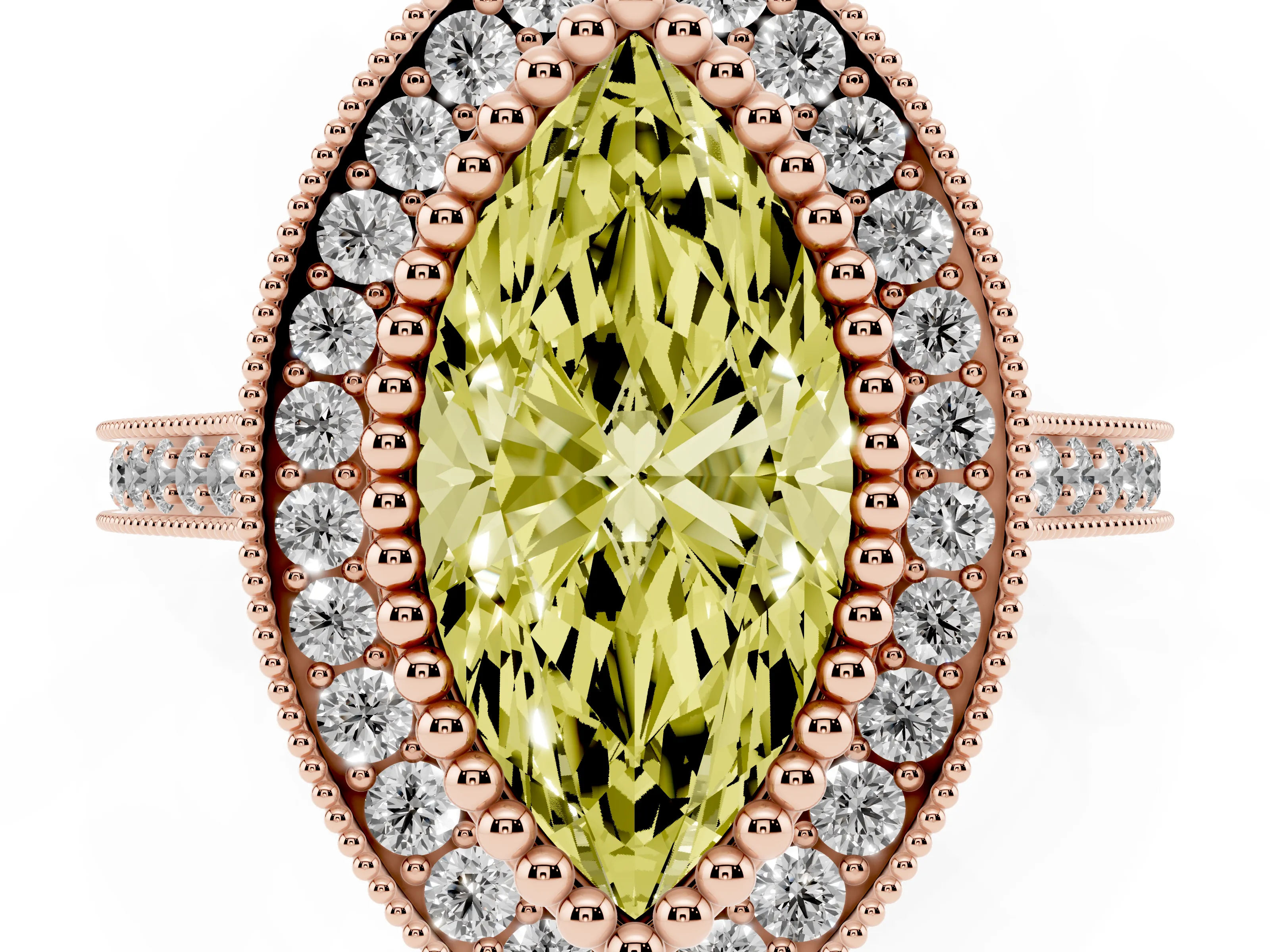 Fancy Yellow Marquise Cut Diamond Halo Ring Set in Rose gold with Milgrain Frame and Pavé Band