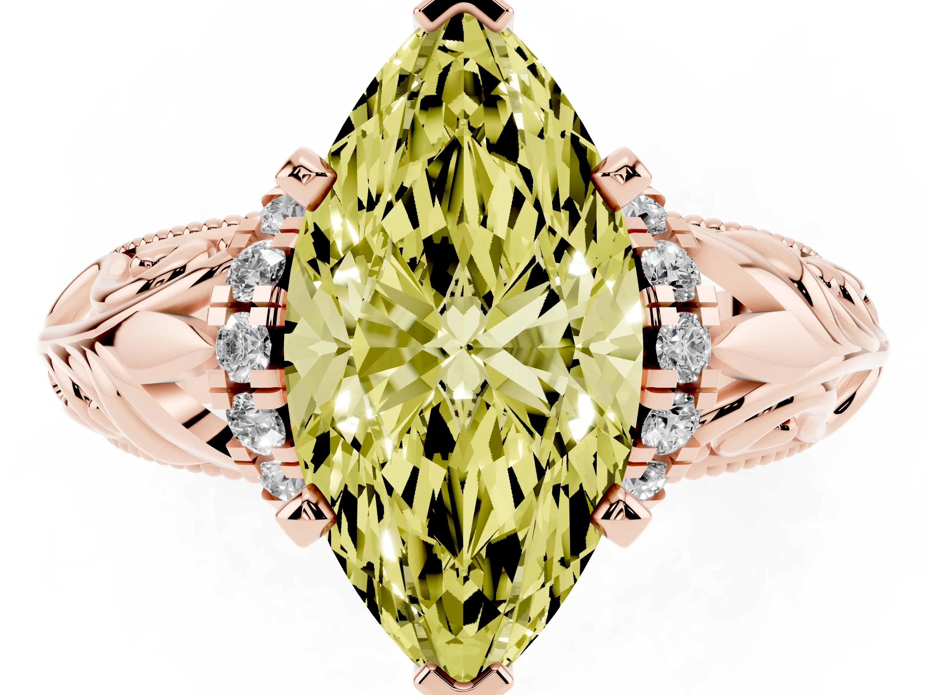 Fancy Yellow Marquise Cut Diamond Filigree Halo Engagement Ring Set in Rose gold with Prong Setting