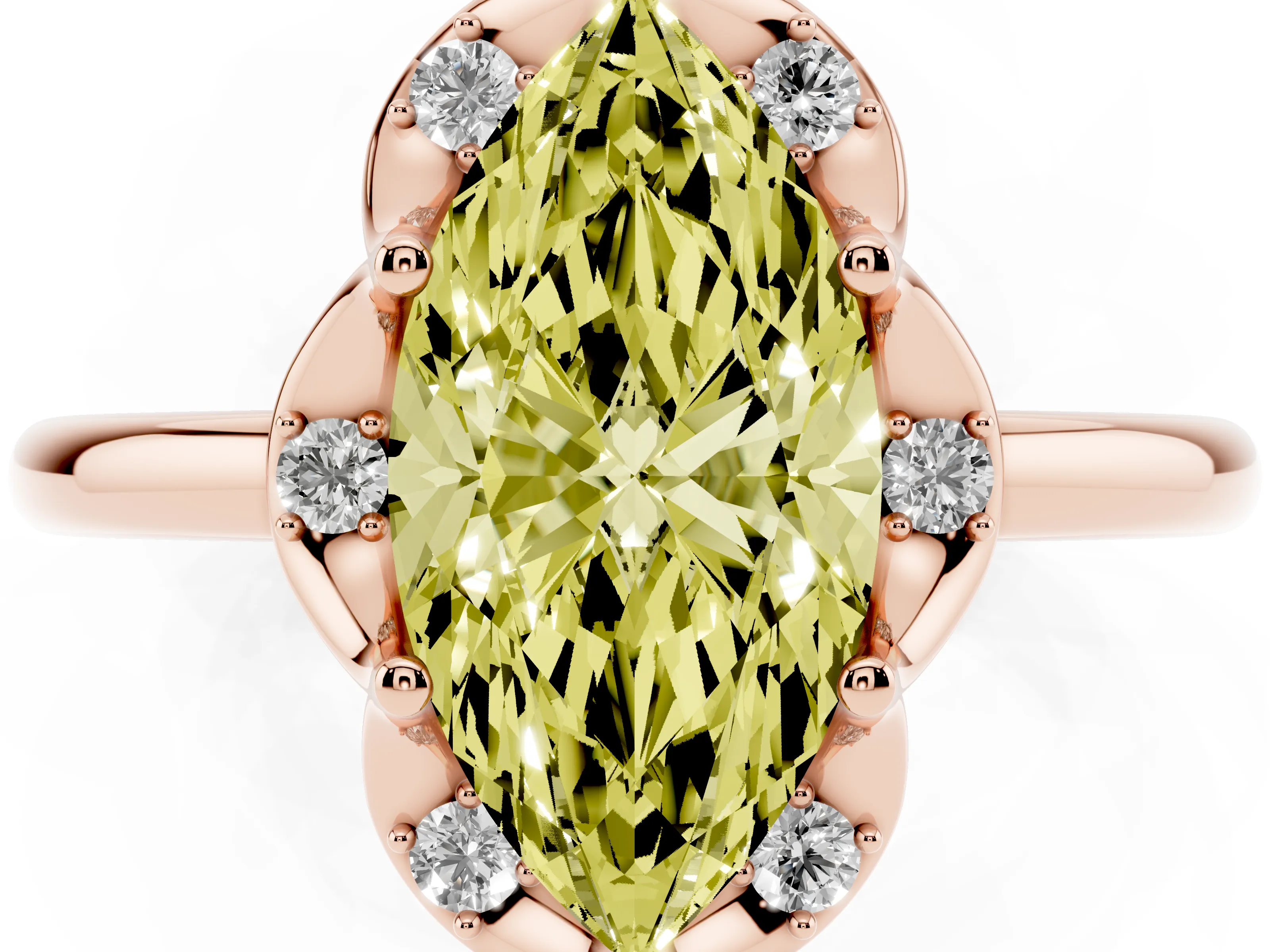 Fancy Yellow Marquise Cut Diamond Round Cluster Halo Ring Set in Rose gold with Solitaire Band and Prong Setting