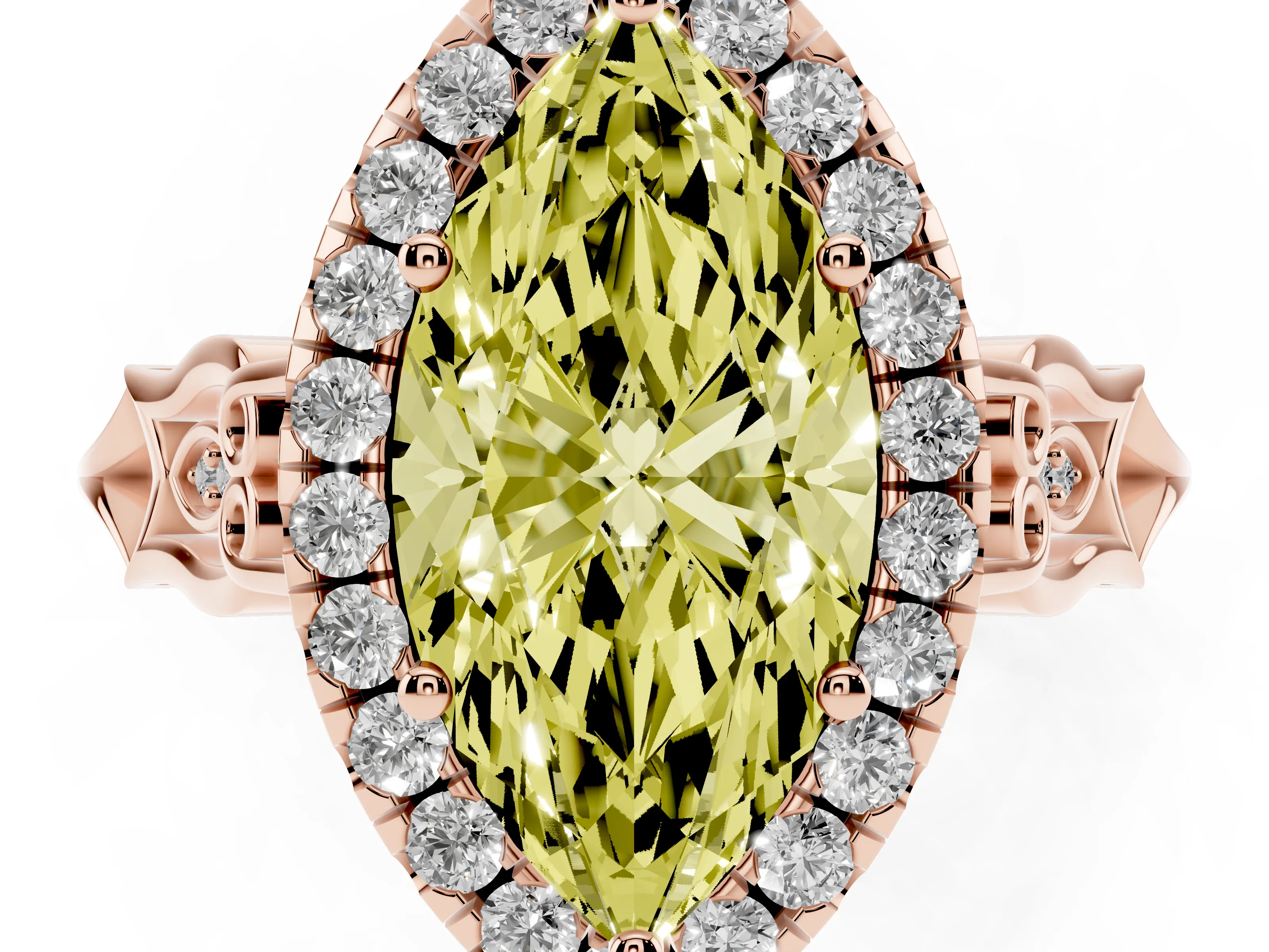 Fancy Yellow Marquise Cut Diamond Halo Engagement Ring Set in Rose gold with Filigree Band and Prong-Set Center