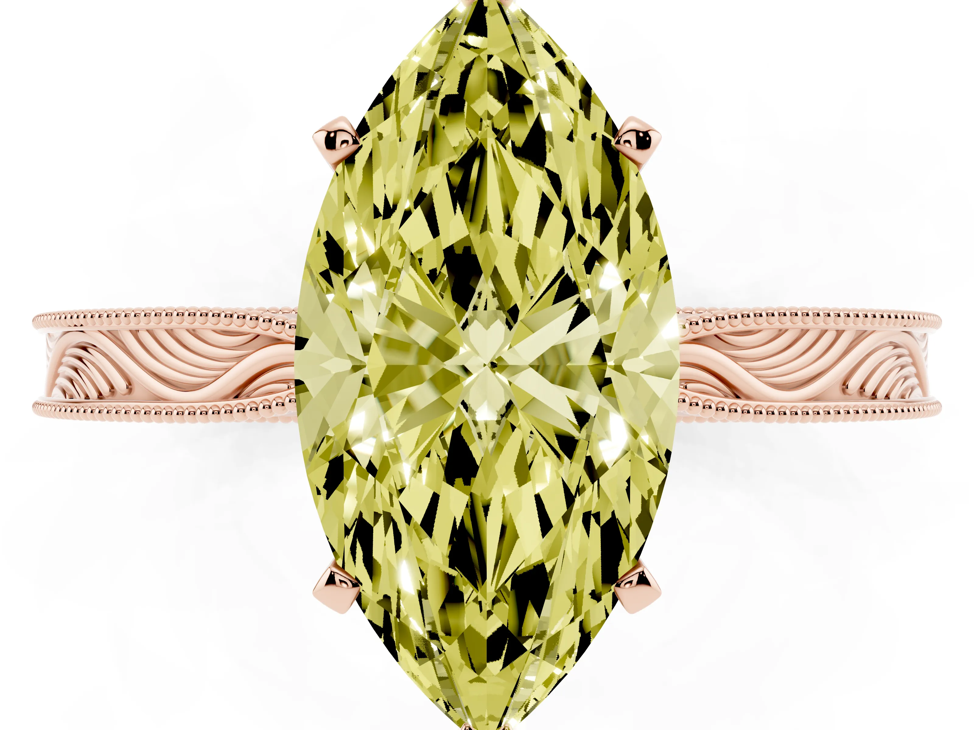 Fancy Yellow Marquise Cut Diamond Solitaire Milgrain Engraved Band Set in Rose gold with Prong Setting