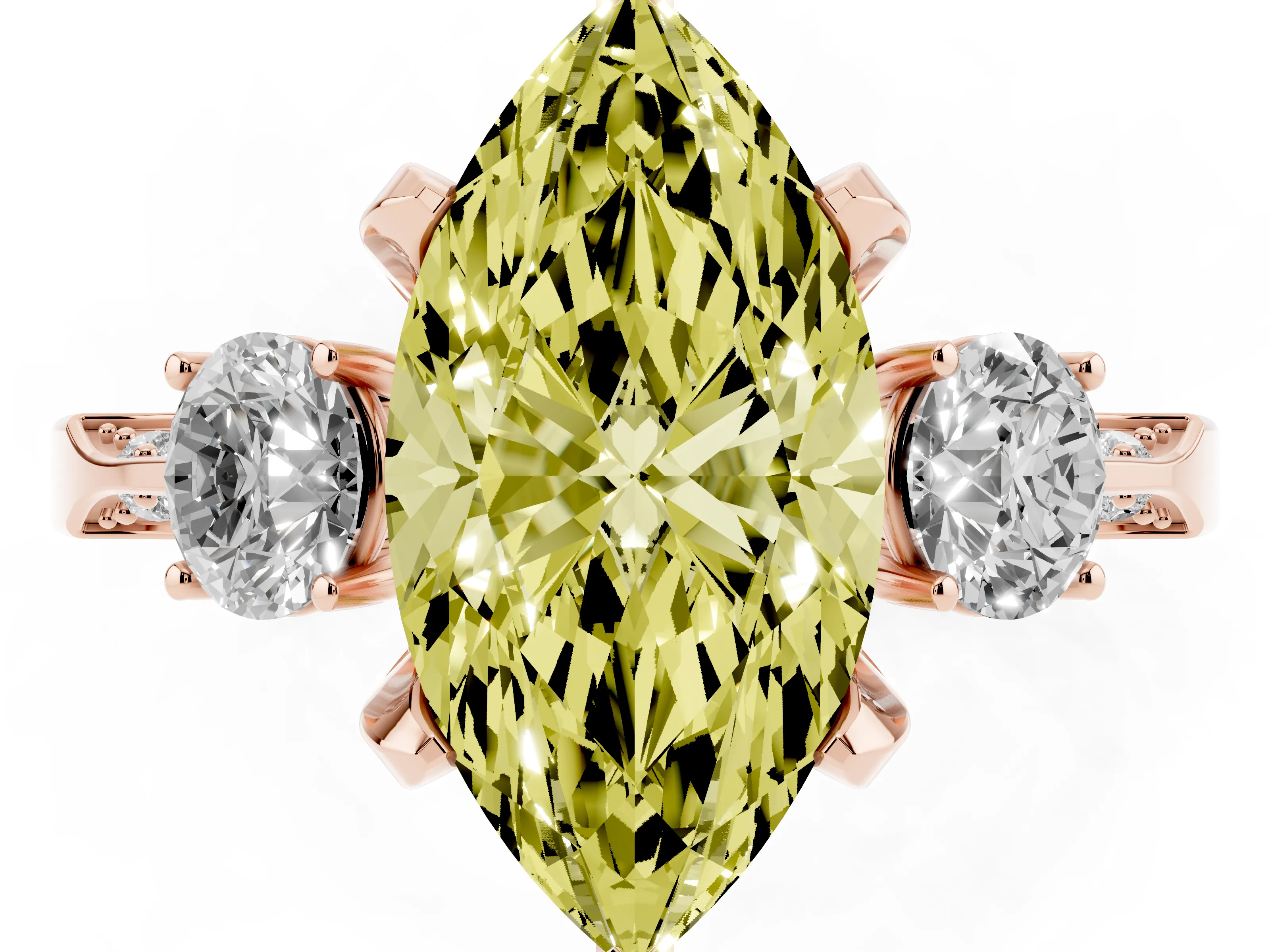 Fancy Yellow Marquise Cut Diamond Three-Stone Ring Set in Rose gold with Pavé Band and Smaller Side Stones