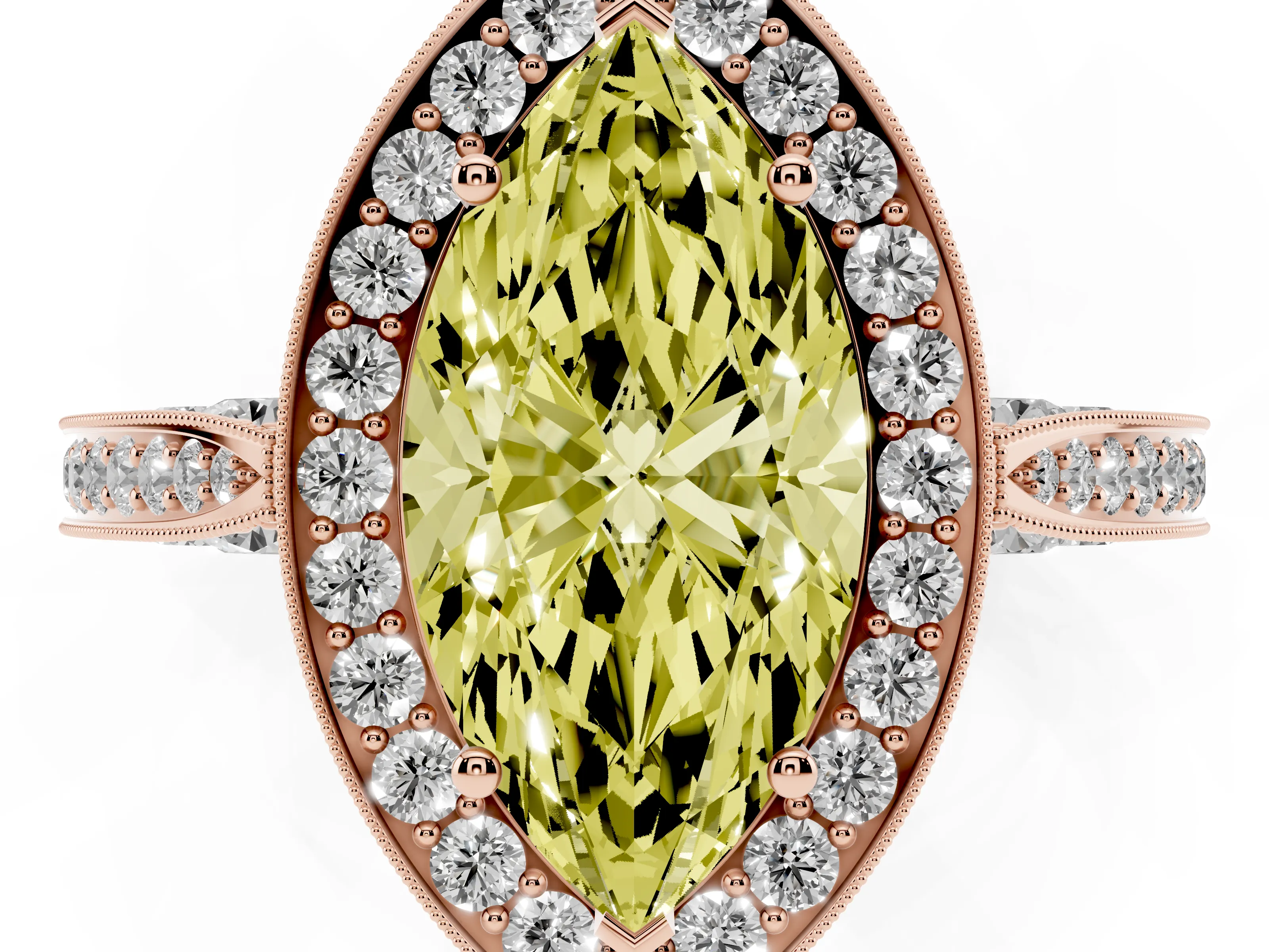 Fancy Yellow Marquise Cut Diamond Halo Engagement Ring Set in Rose gold with Accent Split Shank Band