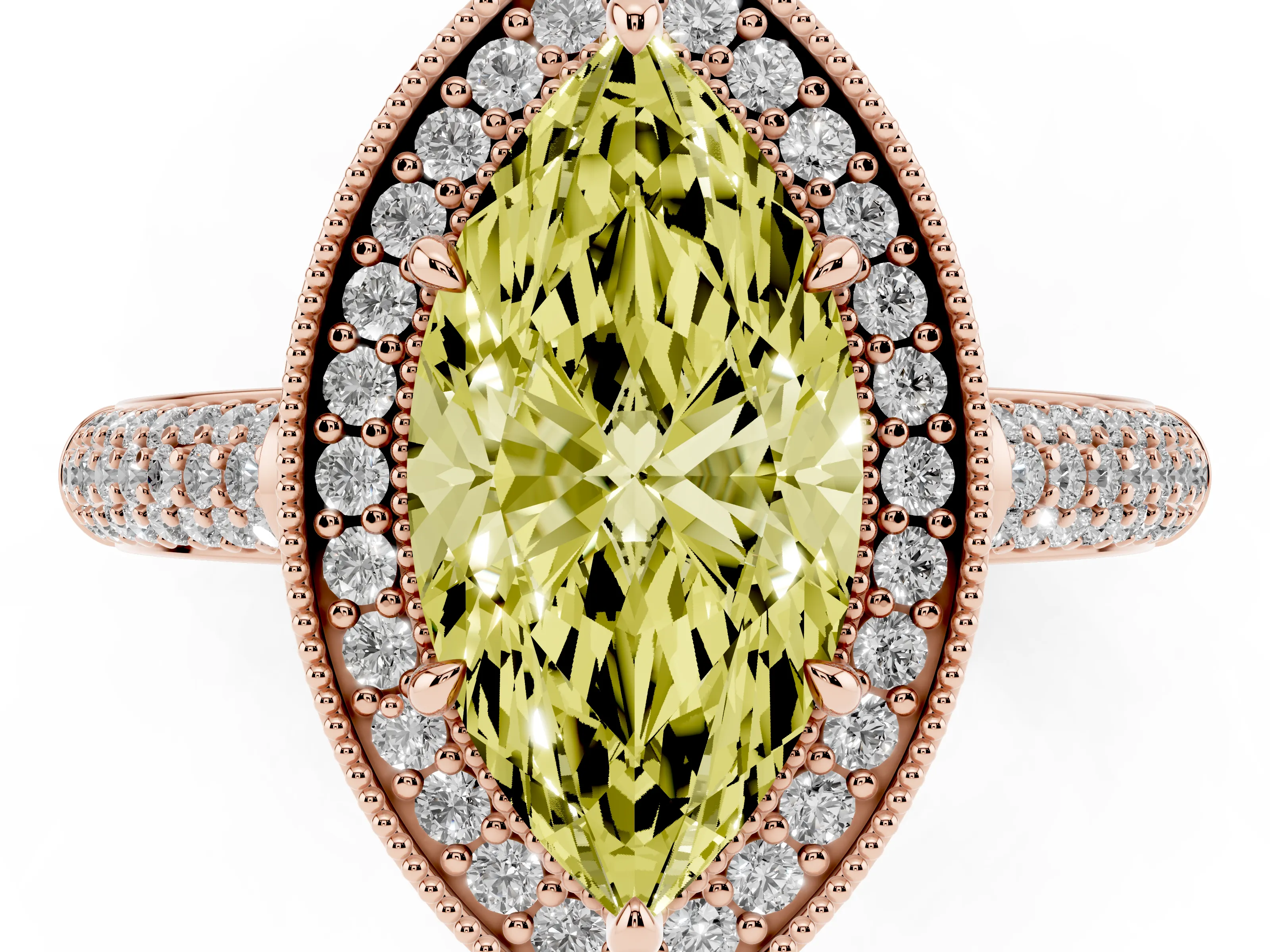 Fancy Yellow Marquise Cut Diamond Halo Pavé Band Set in Rose gold with Prong Setting