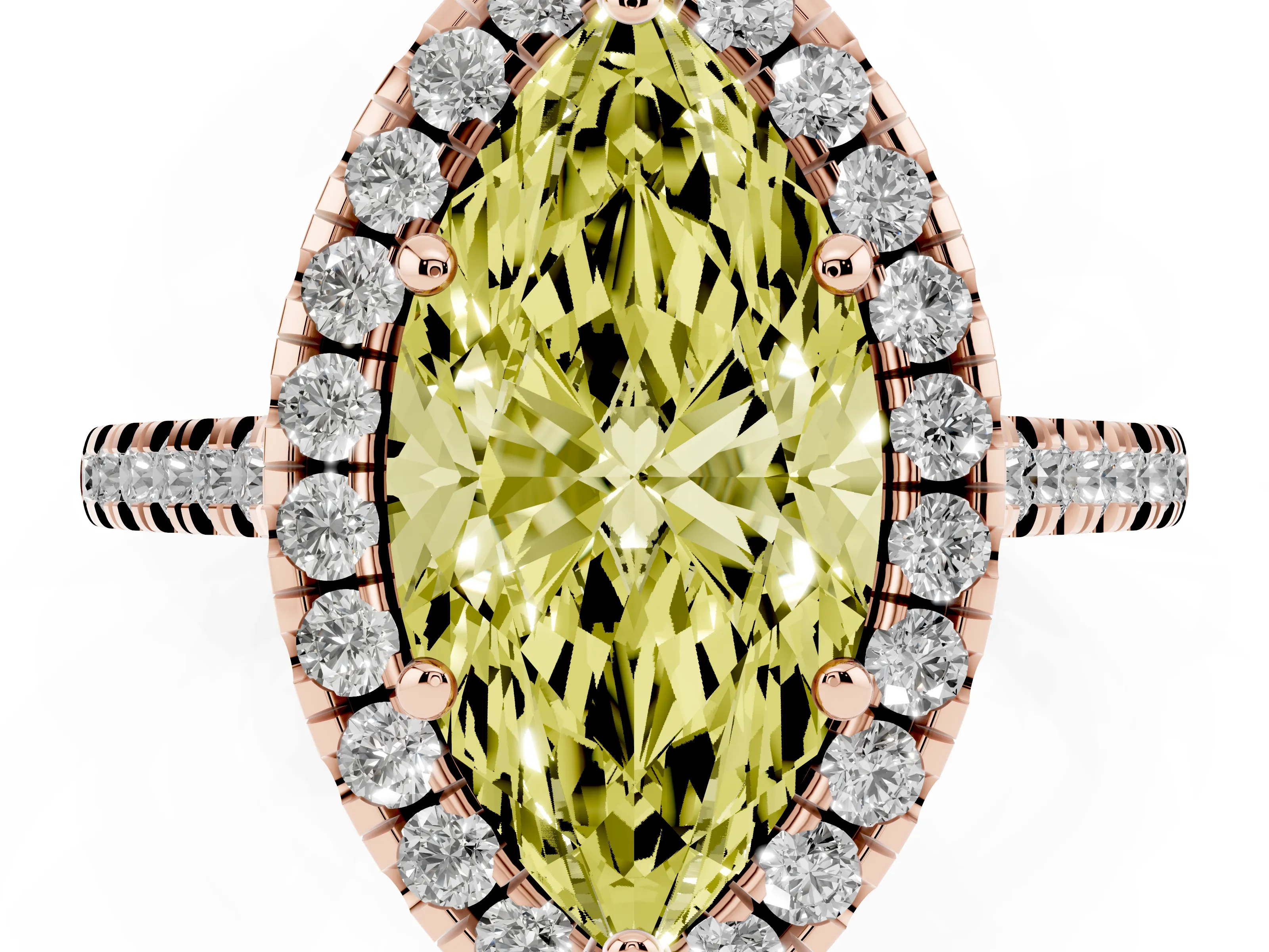 Fancy Yellow Marquise Cut Diamond Cushion Halo Ring Set in Rose gold with Pavé Band