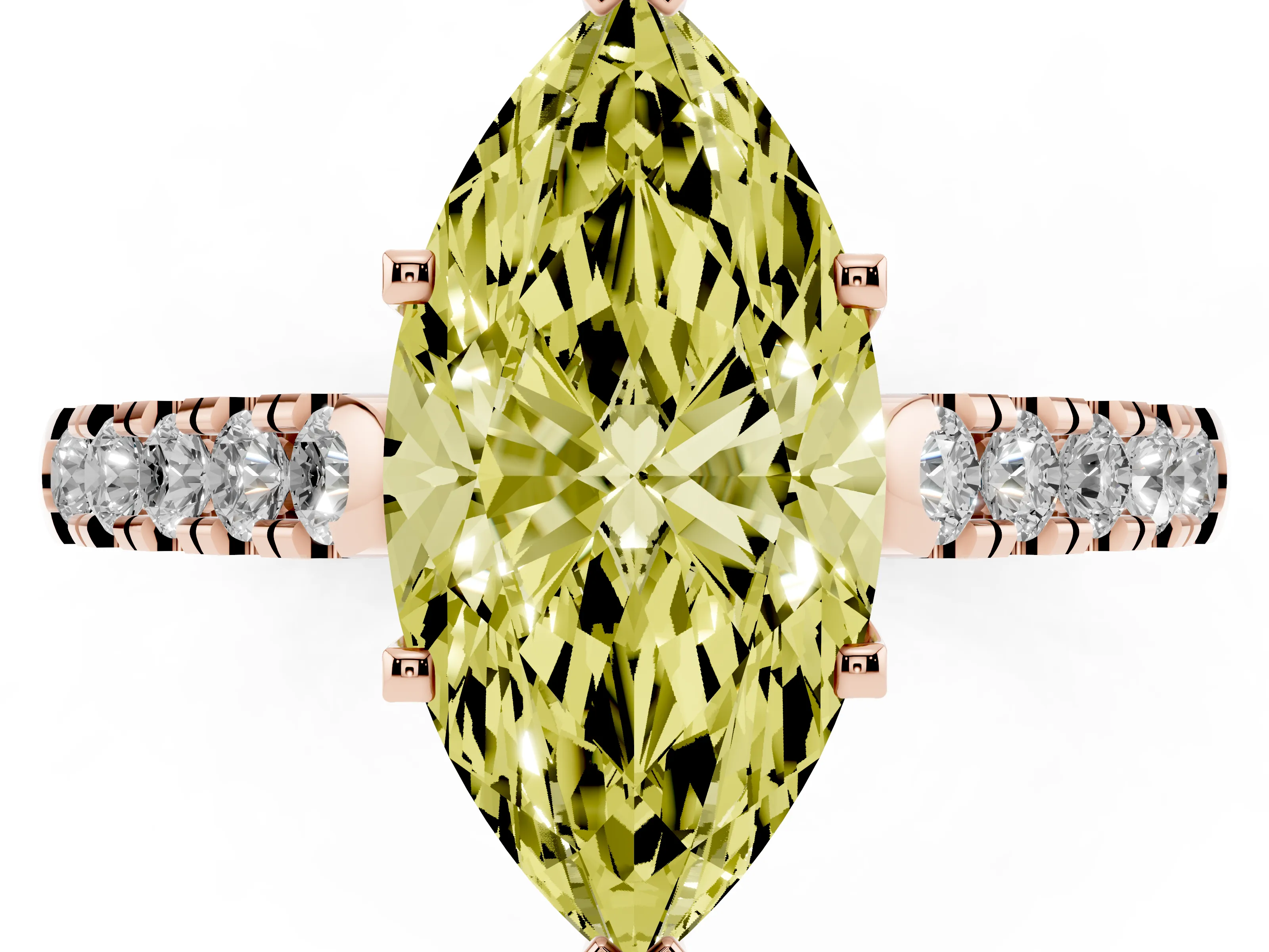 Fancy Yellow Marquise Cut Diamond Pavé Band Solitaire Ring Set in Rose gold with Partway Accent Stones and Prong Setting