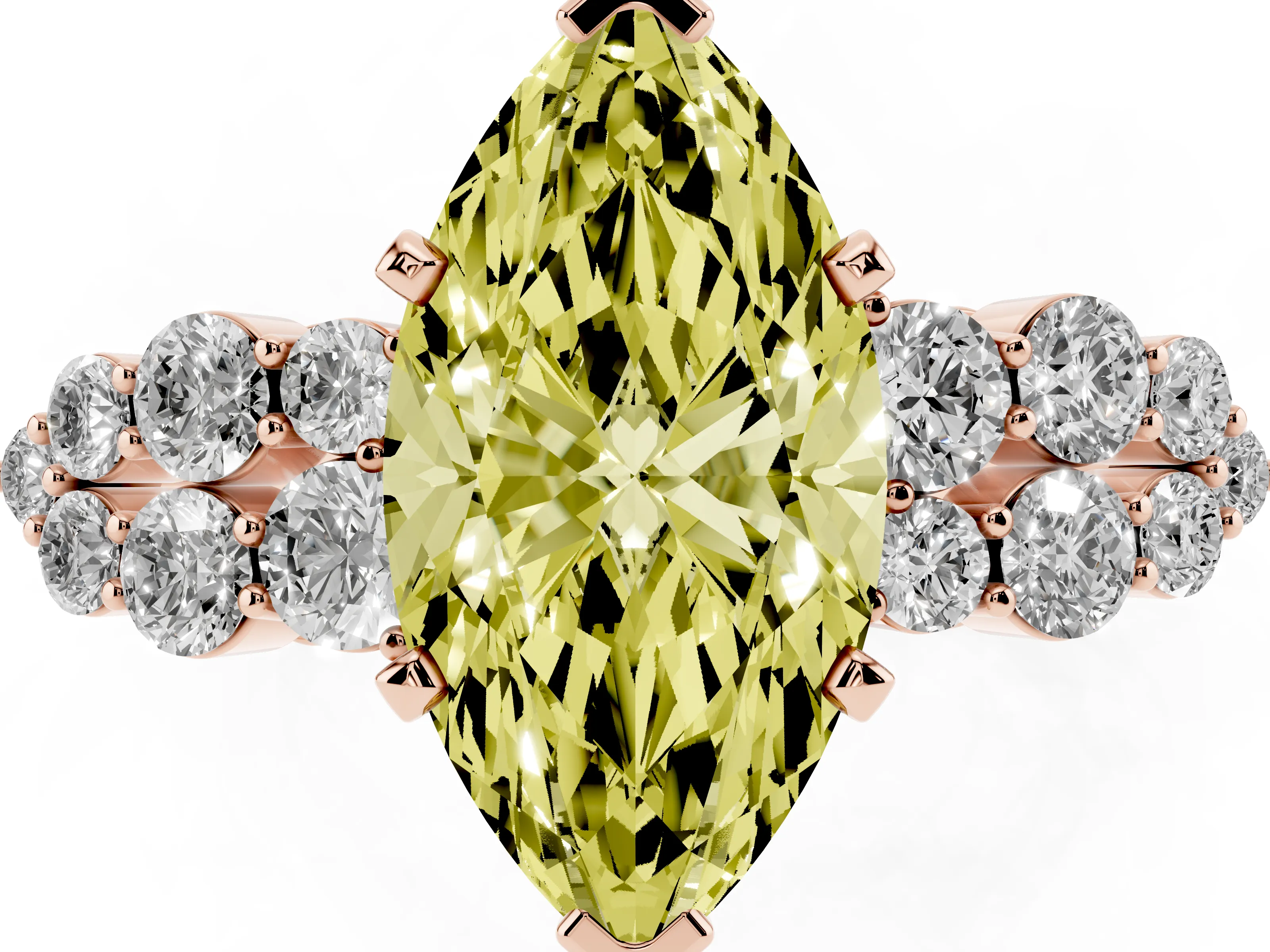 Fancy Yellow Marquise Cut Diamond Cluster Engagement Ring Set in Rose gold with Pavé Band and Prong Setting