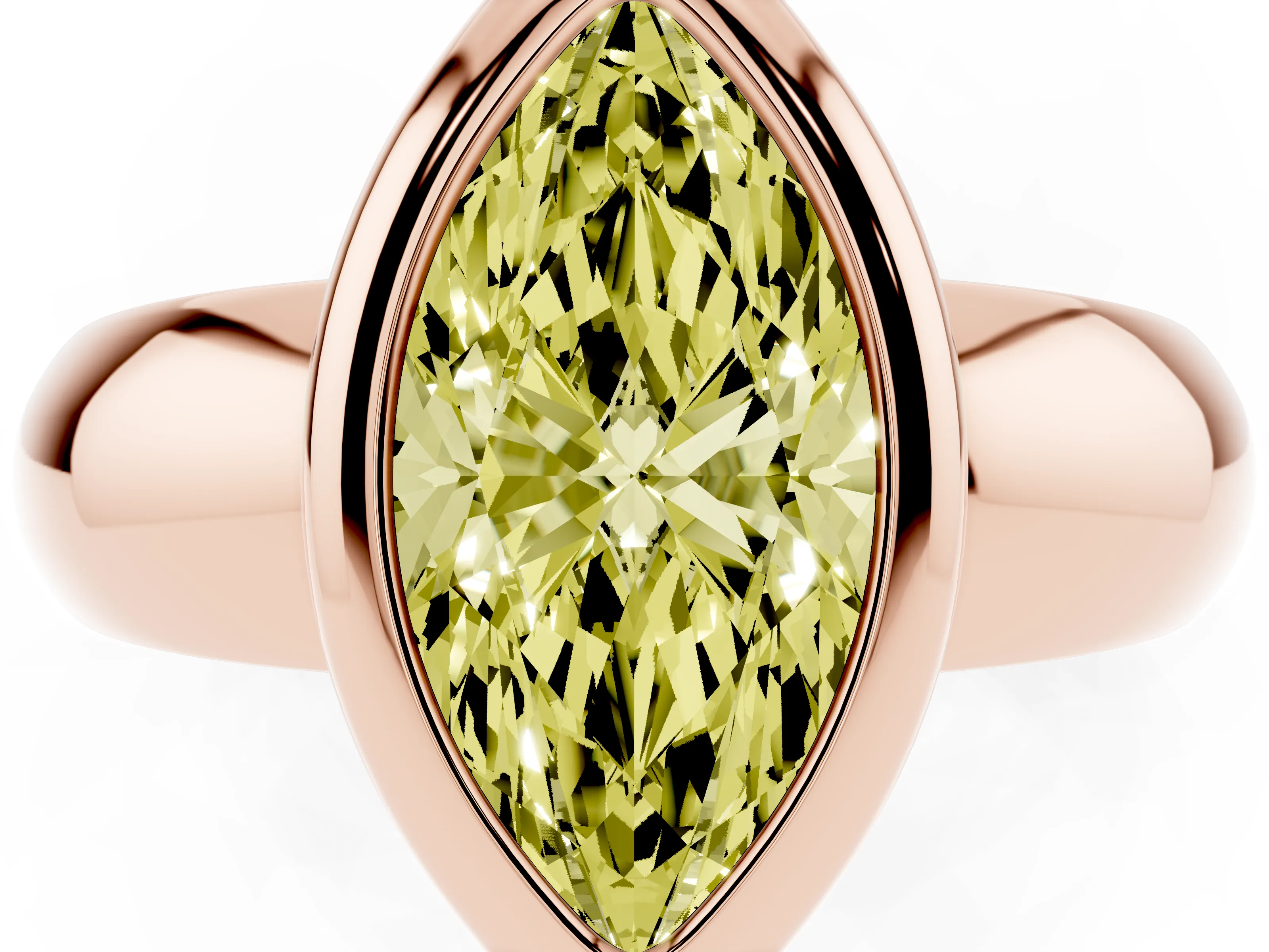 Fancy Yellow Bezel Set Marquise Cut Diamond Solitaire Ring Set in Rose gold with Wide Band