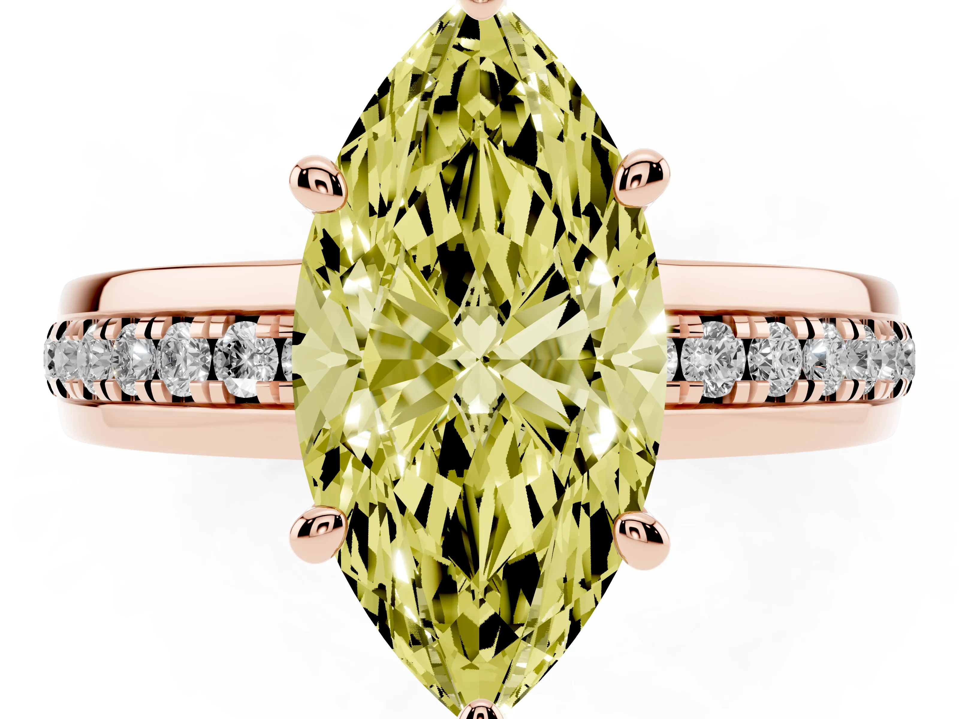 Fancy Yellow Marquise Cut Diamond Solitaire Ring Set in Rose gold with Channel Set Band and Prong Setting