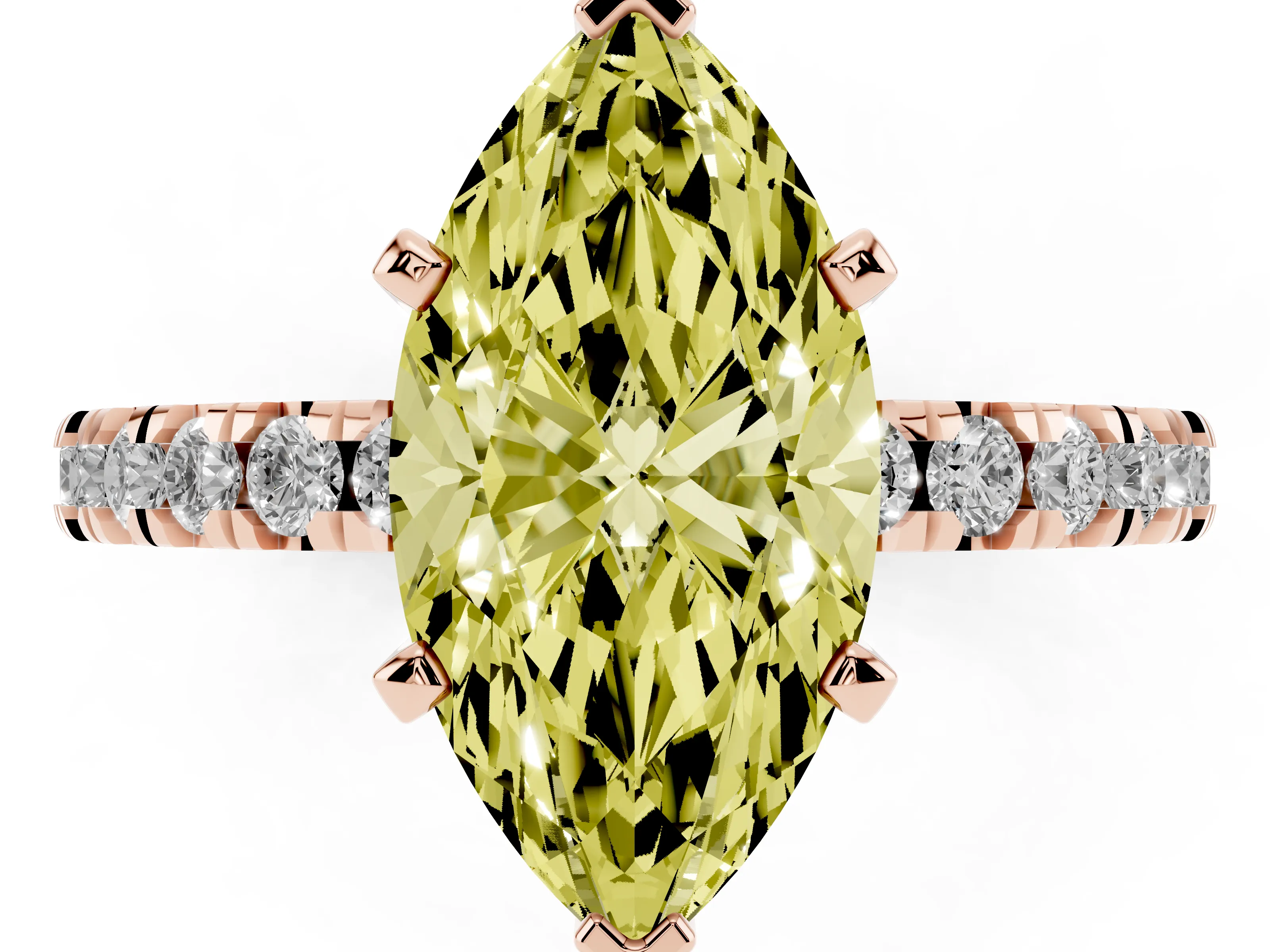 Fancy Yellow Marquise Cut Diamond Pavé Band Solitaire Set in Rose gold with Prong Setting