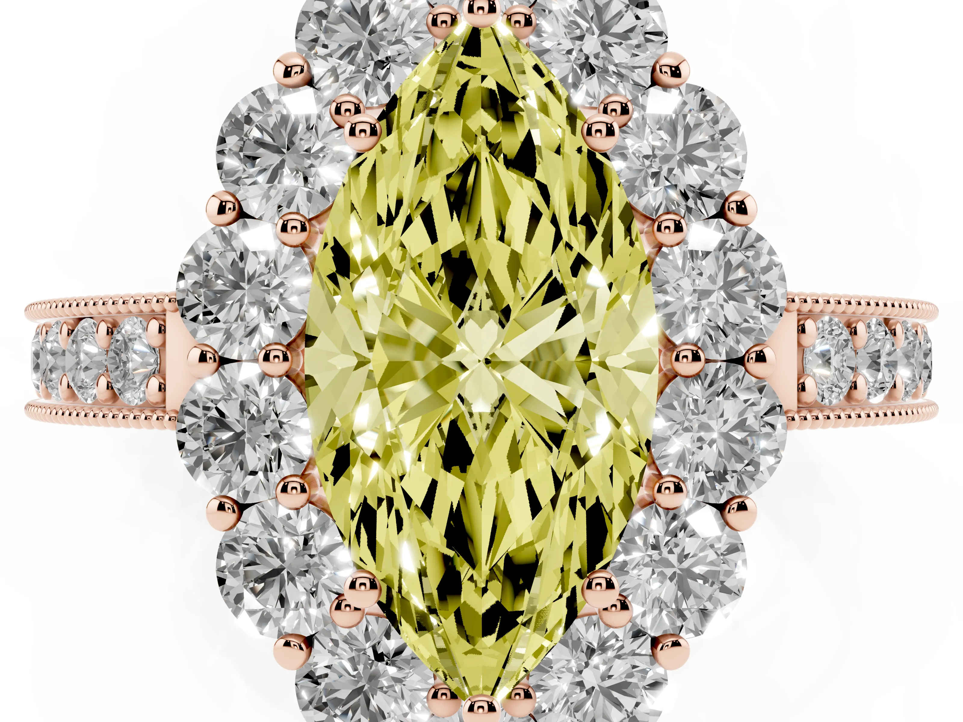Fancy Yellow Marquise Cut Diamond Halo Pavé Engagement Ring Set in Rose gold with Milgrain Detailing