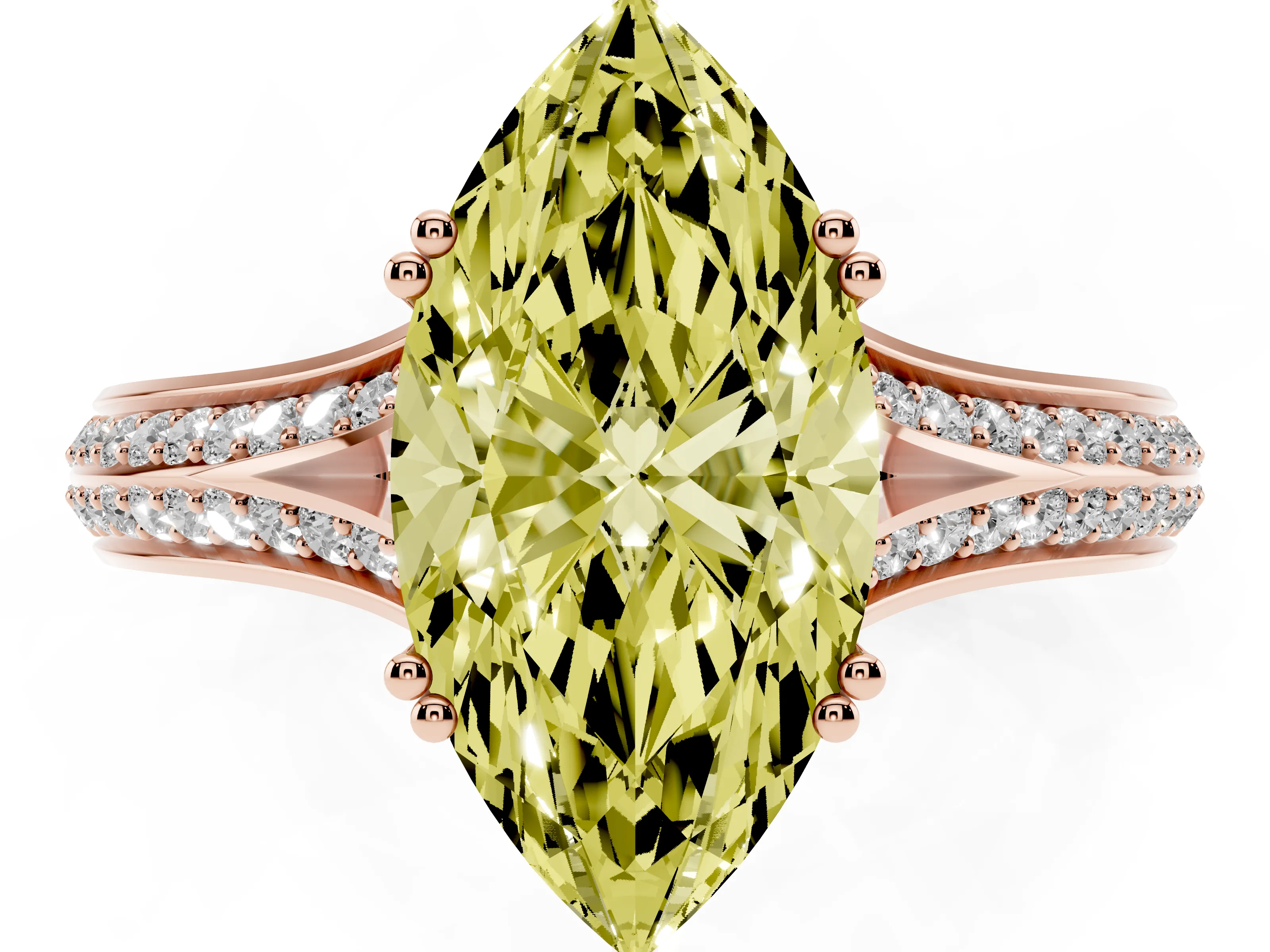 Fancy Yellow Marquise Cut Diamond Split Shank Pavé Engagement Ring Set in Rose gold with Prong-Set Center Stone