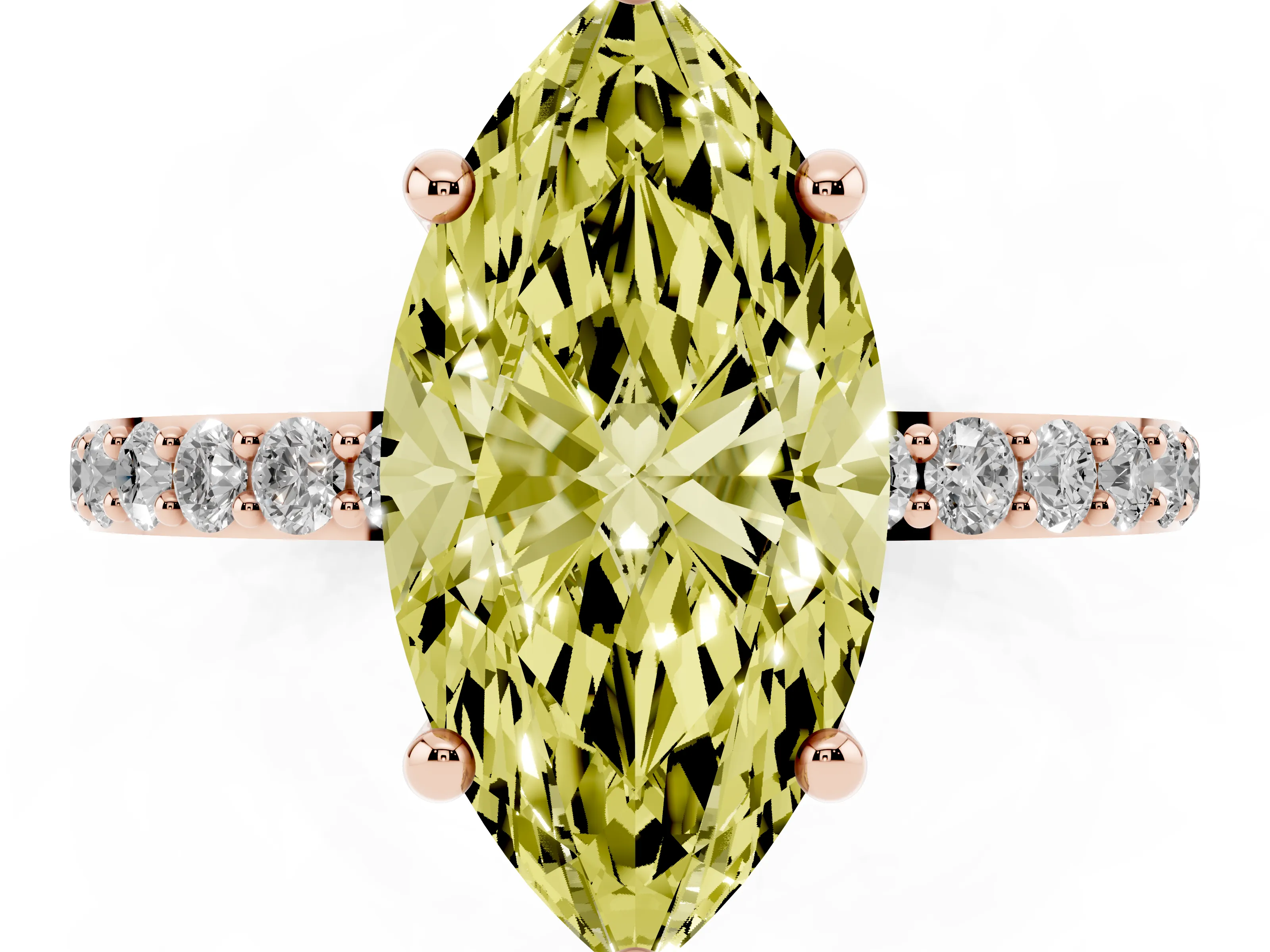 Fancy Yellow Marquise Cut Diamond Solitaire Ring Set in Rose gold with Round Pavé Band and Prong Setting