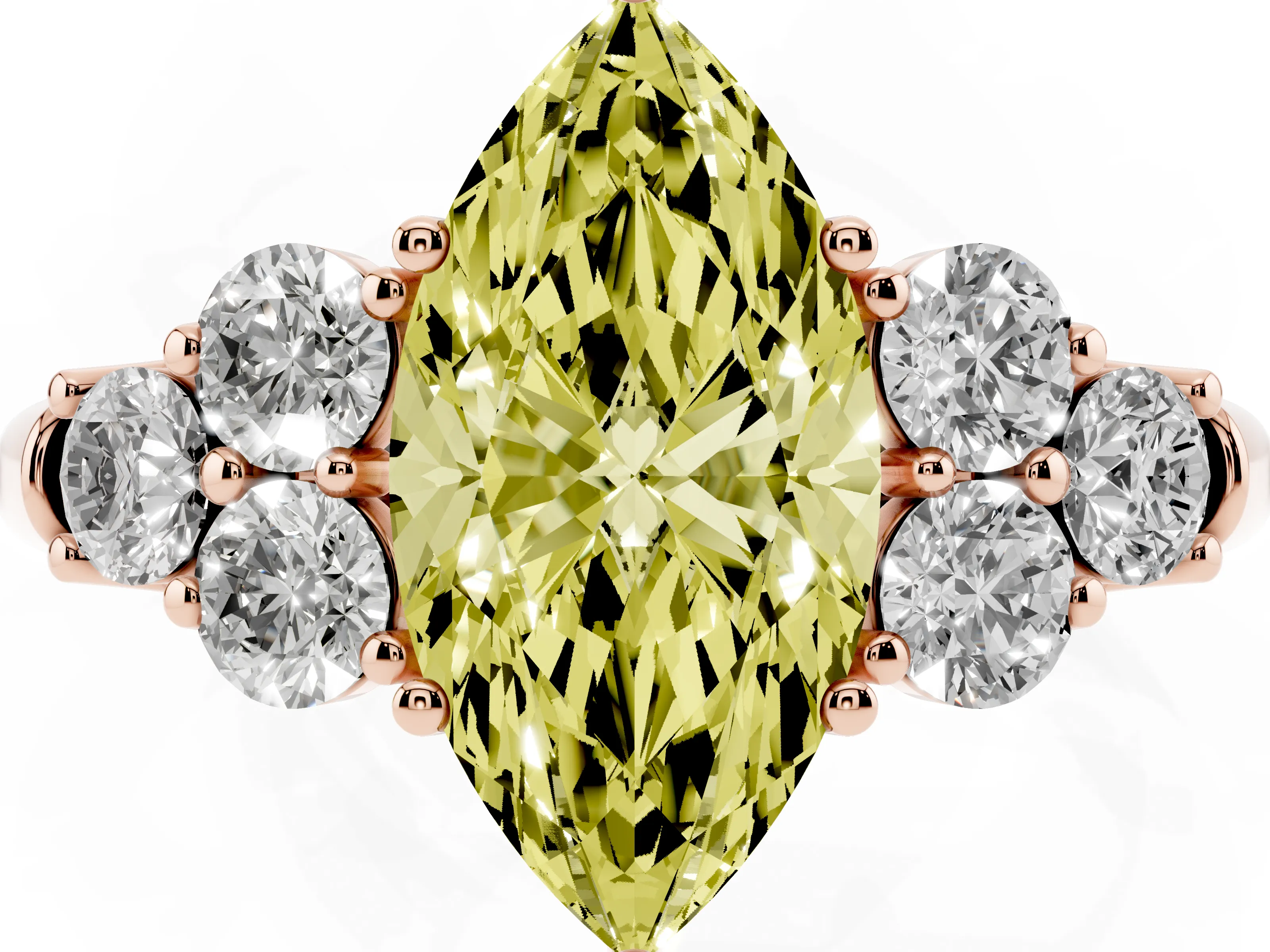 Fancy Yellow Marquise Cut Diamond Cluster Ring Set in Rose gold with Round Accent Stones and Prong Setting on a Plain Band