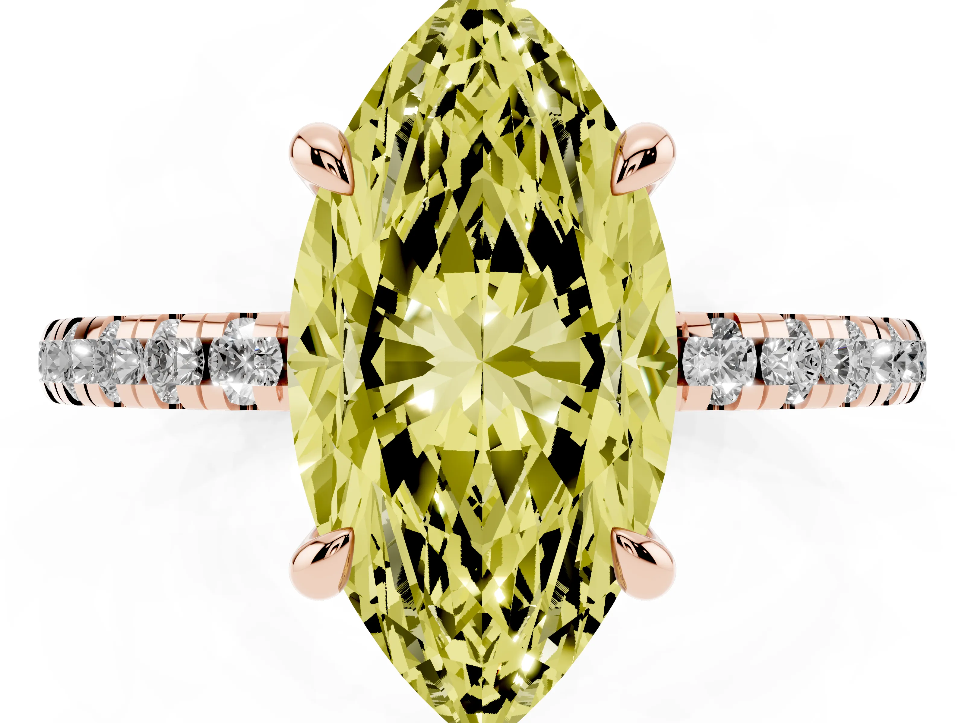 Fancy Yellow Marquise Cut Diamond Brilliant Solitaire Ring Set in Rose gold with Pavé Band and Prong Setting