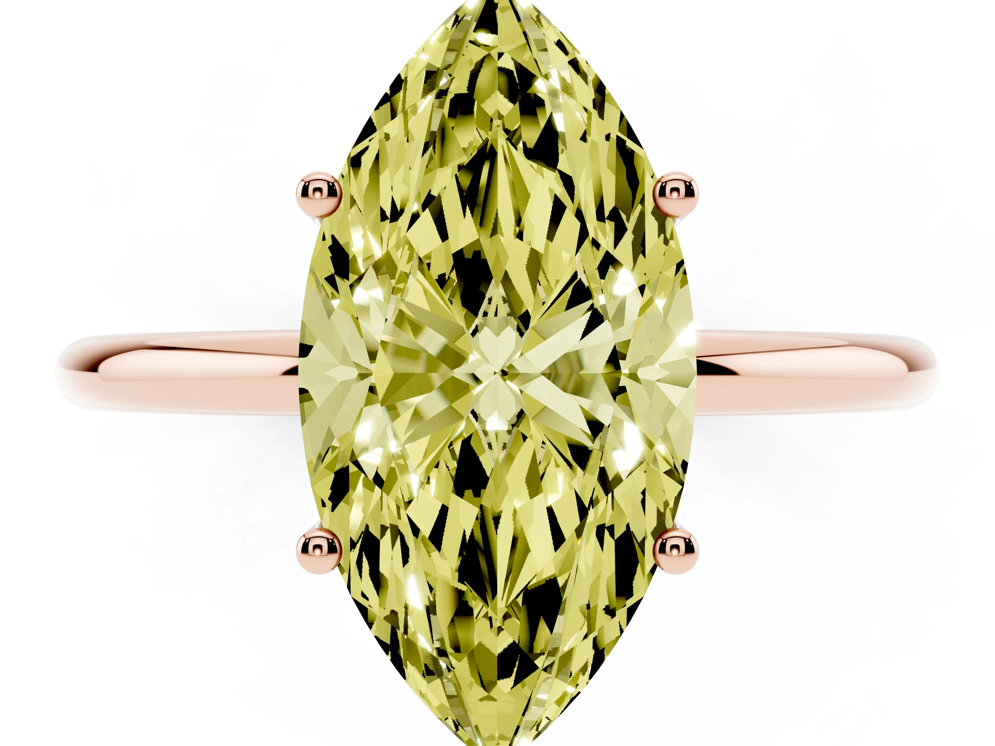 Fancy Yellow Marquise Cut Diamond Solitaire Engagement Ring Set in Rose gold with Thin Band and Prong Setting