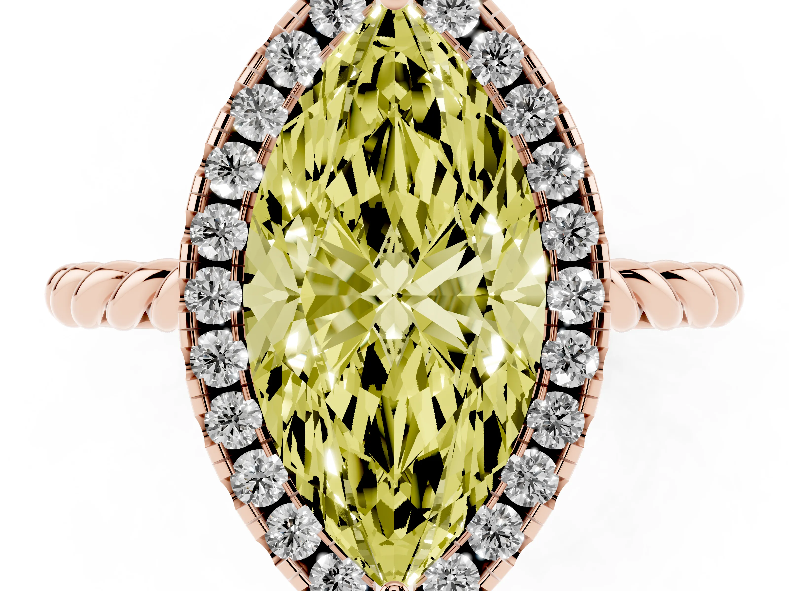 Fancy Yellow Marquise Cut Diamond Halo Ring Set in Rose gold with Plain Twisted Band