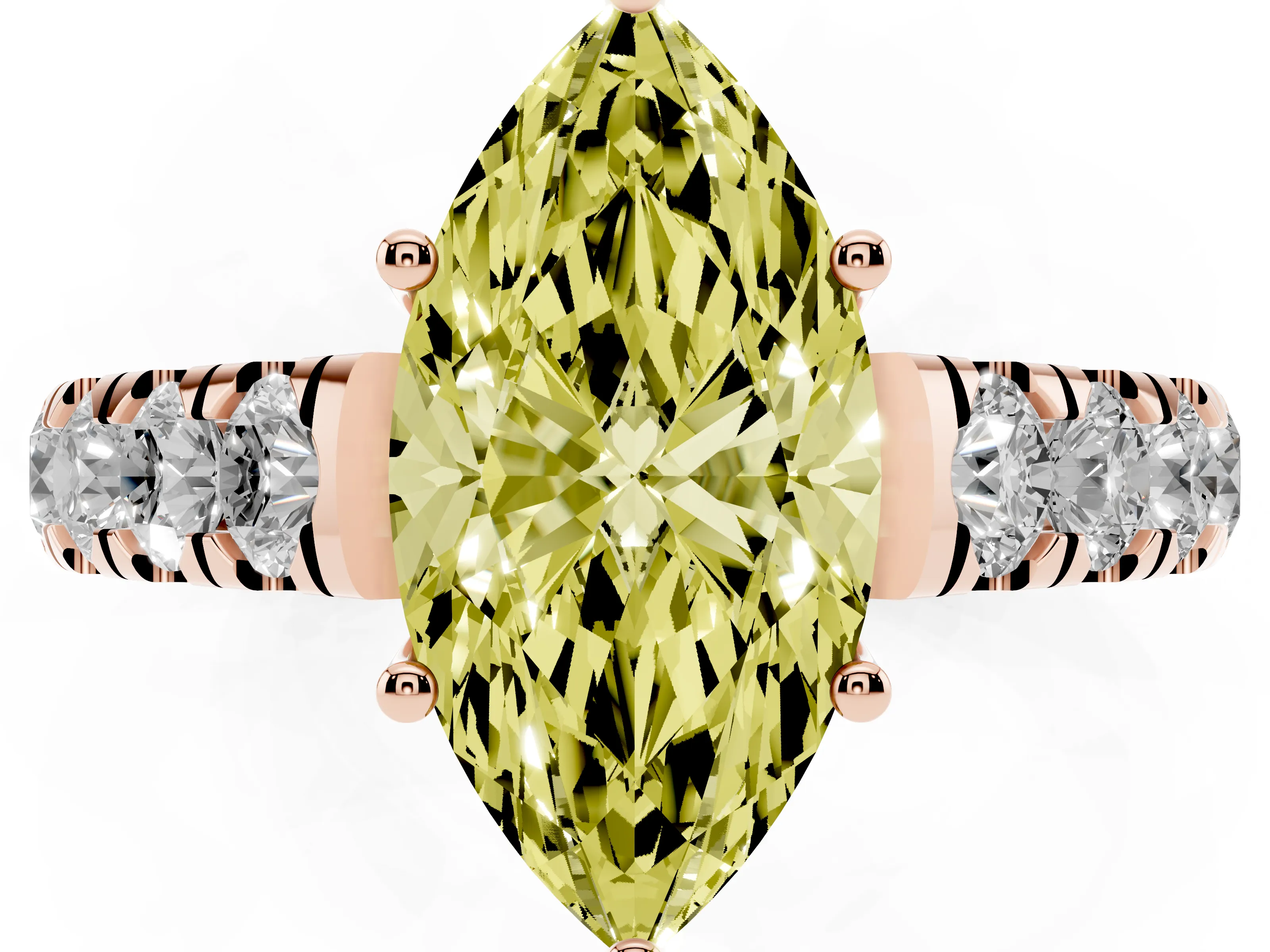 Fancy Yellow Marquise Cut Diamond Solitaire Ring Set in Rose gold with Cut-Down Micro Pavé Band and Prong Setting