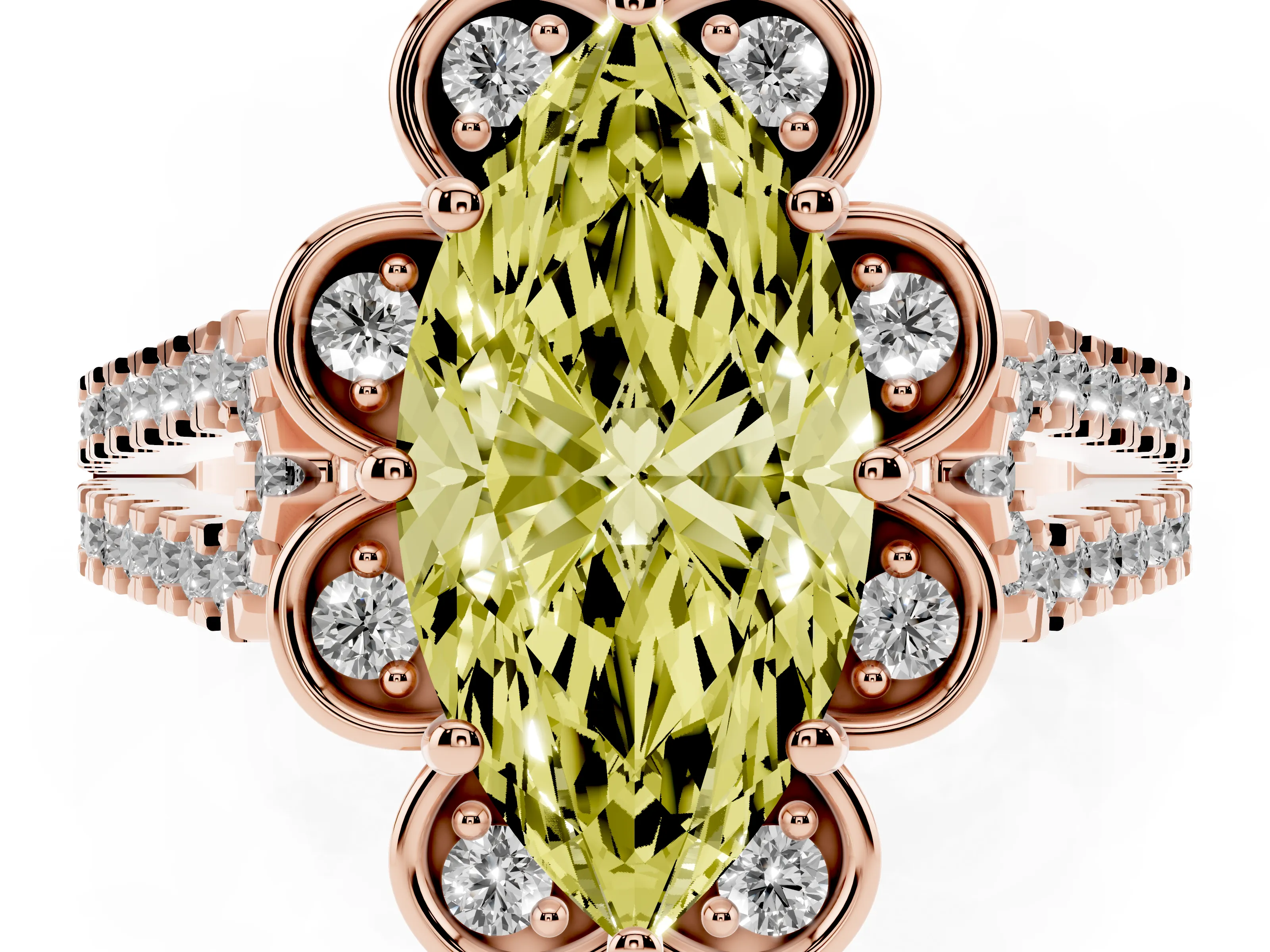 Fancy Yellow Marquise Cut Diamond Floral Halo Split Shank Engagement Ring Set in Rose gold with Pavé Shank