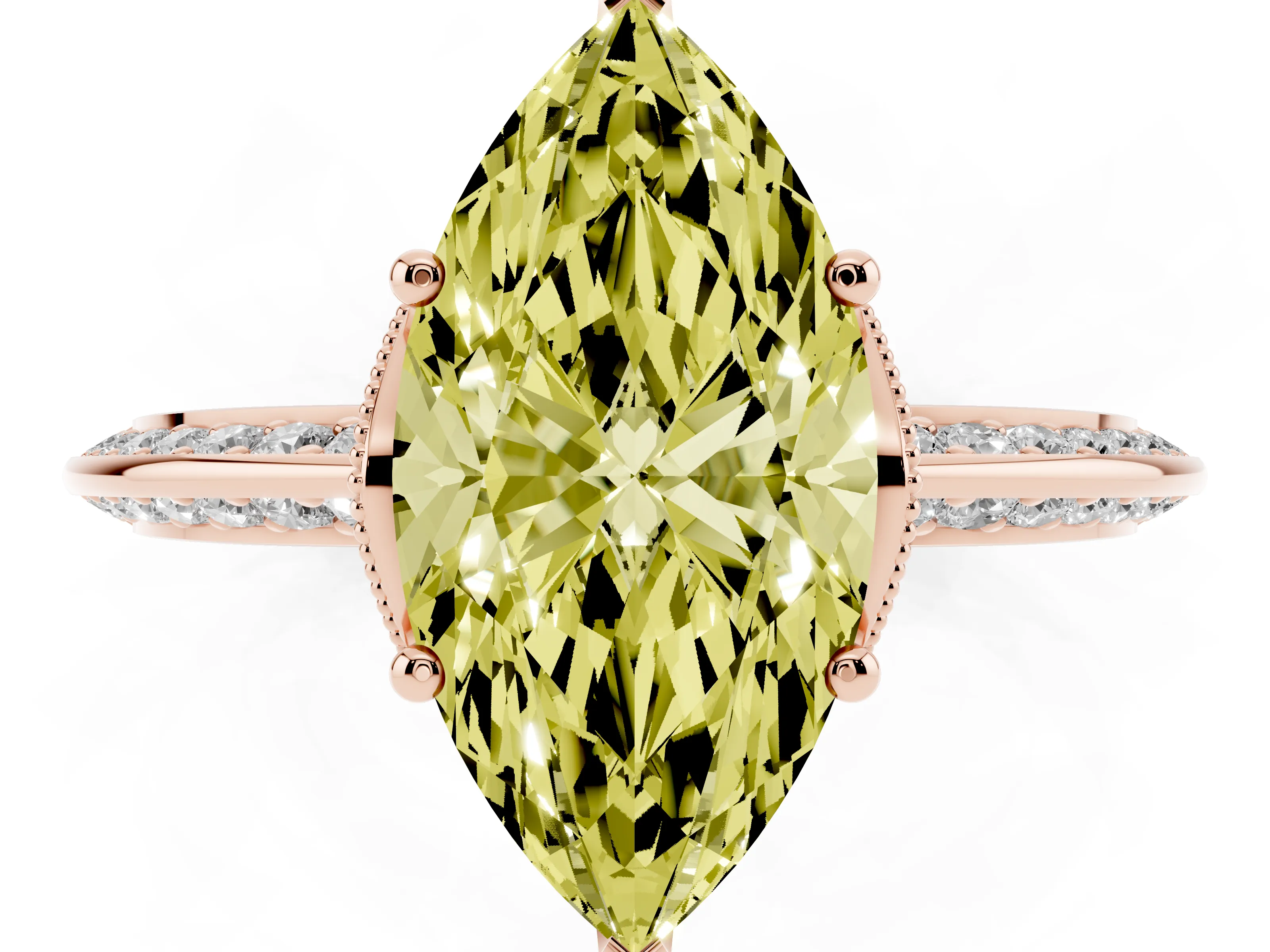 Fancy Yellow Marquise Cut Diamond Solitaire Engagement Ring Set in Rose gold with Pavé Split Shank and Prong Setting
