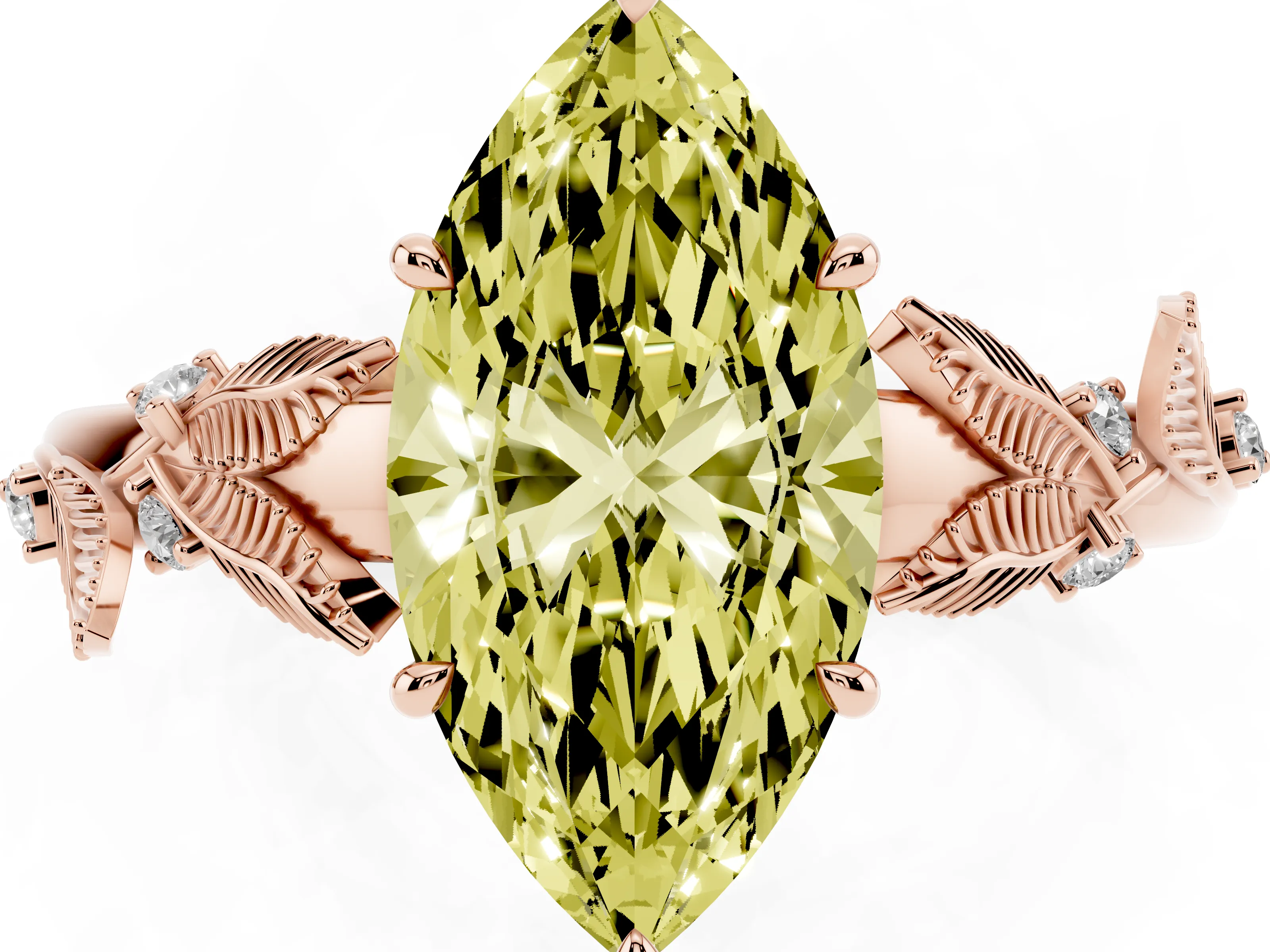 Fancy Yellow Marquise Cut Diamond Solitaire Ring Set in Rose gold with Leaf Motif Band