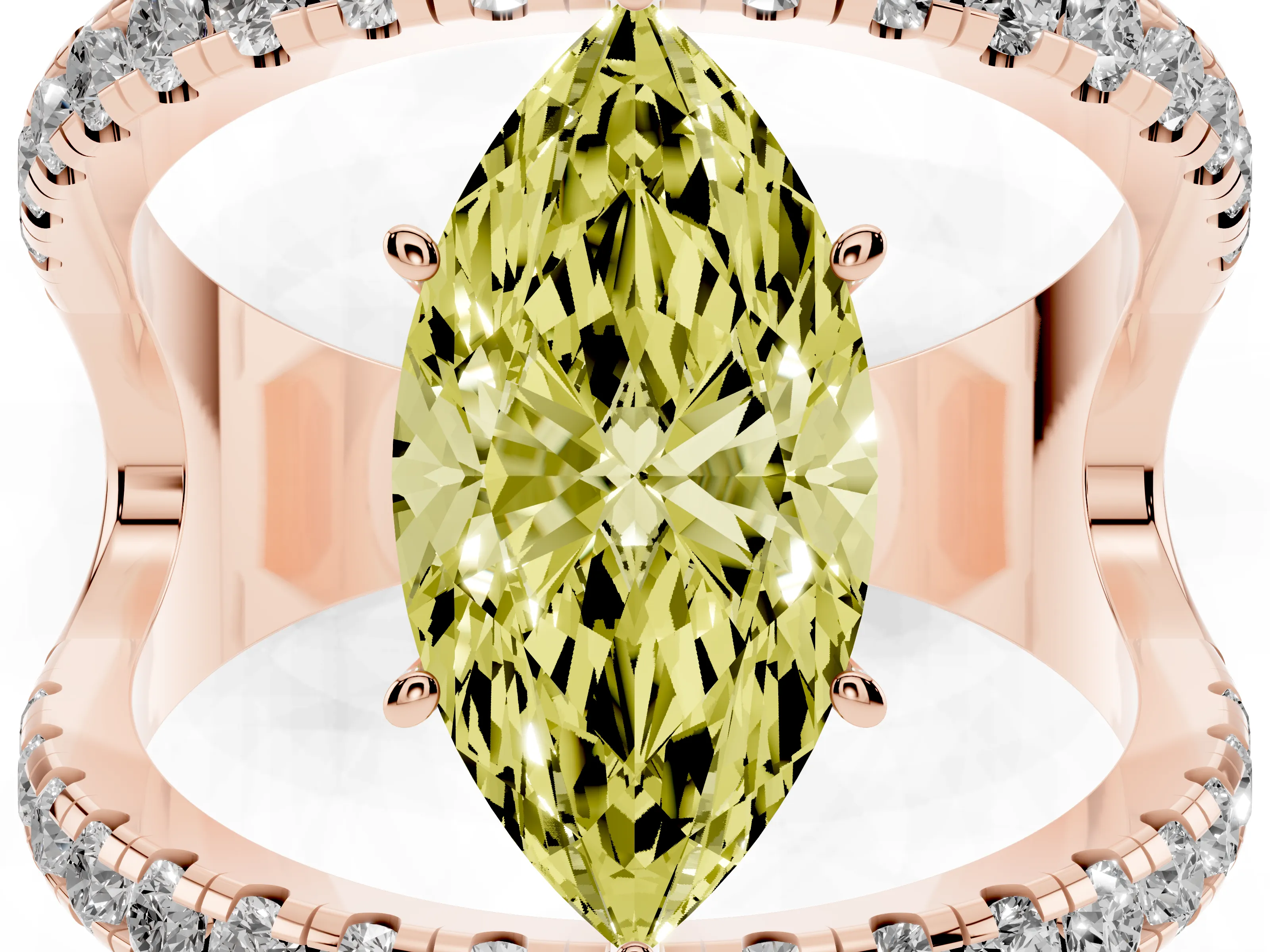 Fancy Yellow Marquise Cut Diamond Split Shank Pavé Solitaire Ring Set in Rose gold with Open Shank Design