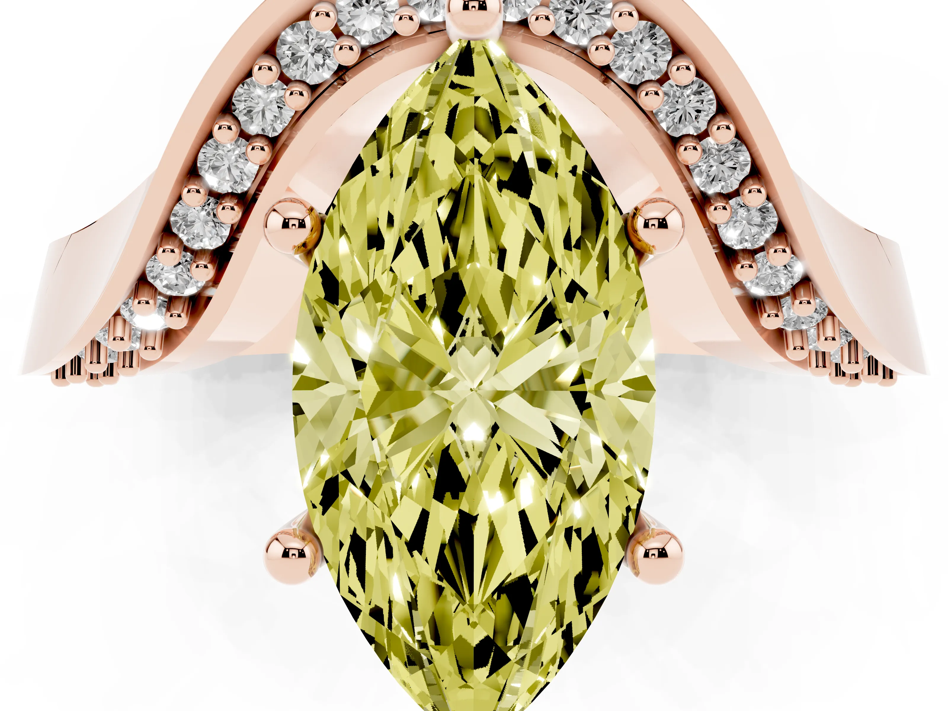 Fancy Yellow Marquise Cut Diamond Solitaire Engagement Ring Set in Rose gold with Pavé Shoulders