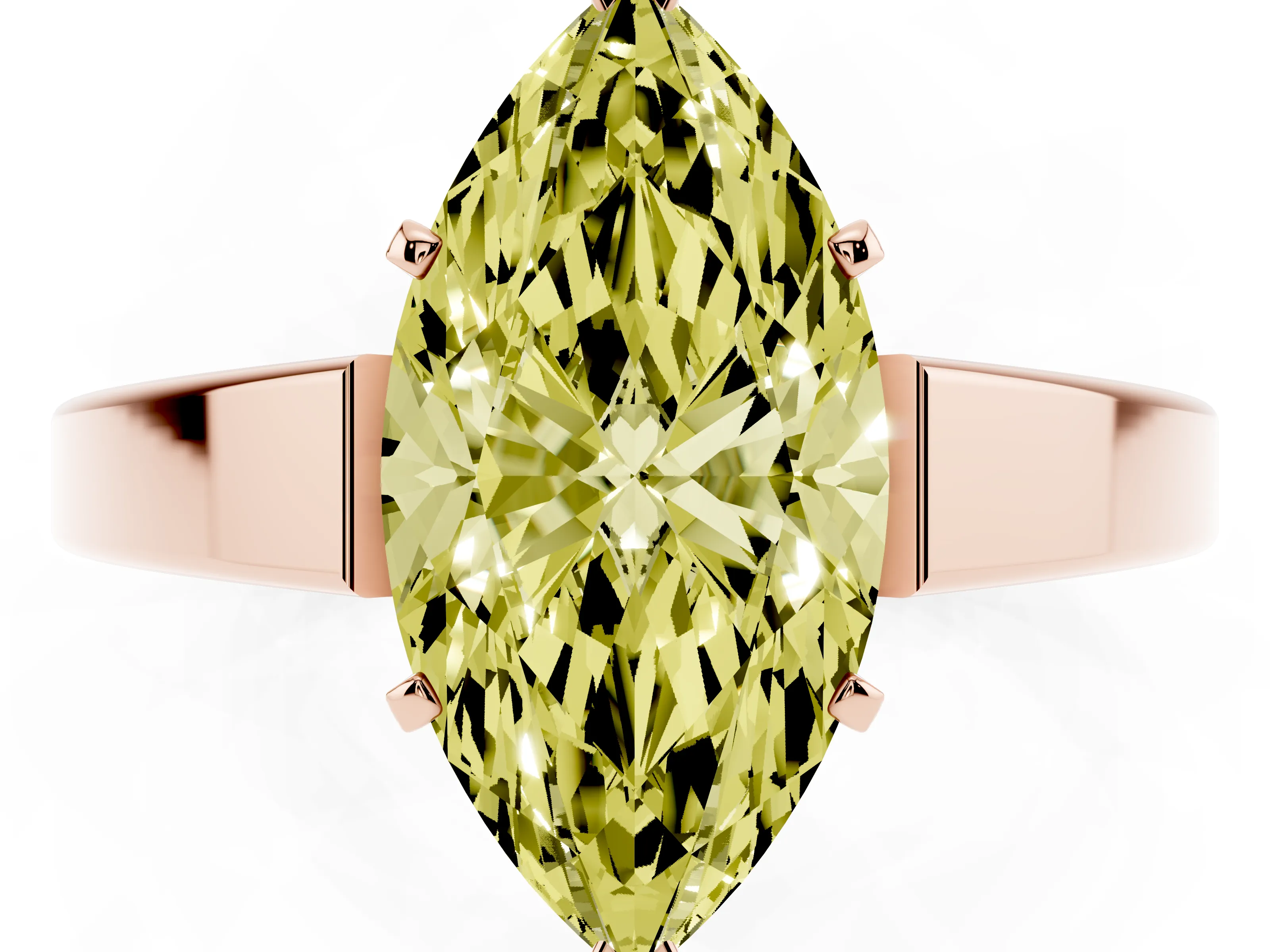 Fancy Yellow Marquise Cut Diamond Solitaire Engagement Ring Set in Rose gold with Prong Setting and Tapered Band