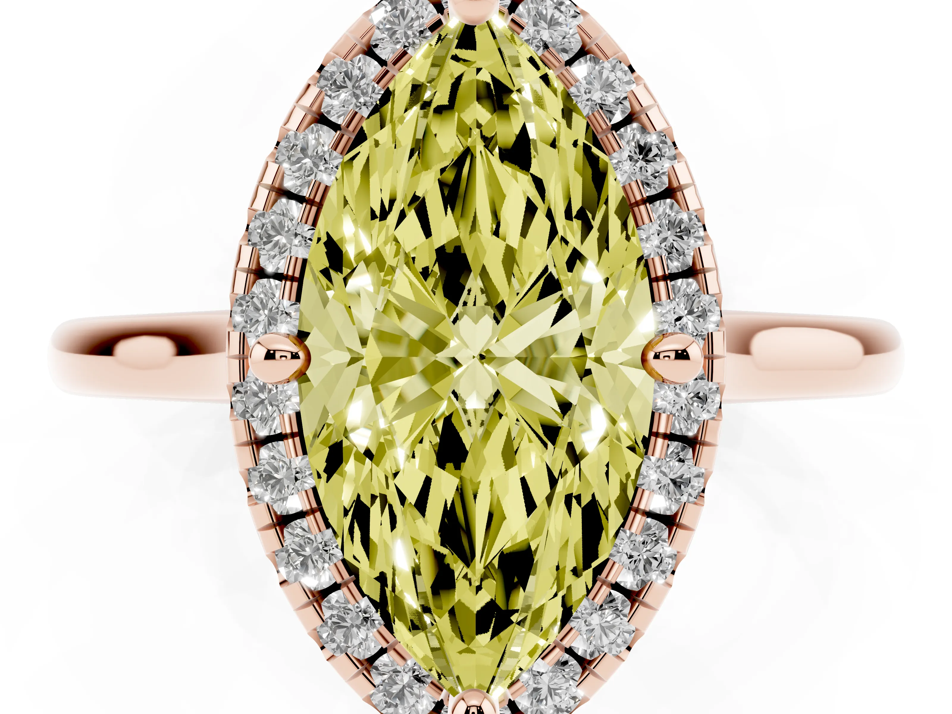 Fancy Yellow Marquise Cut Diamond Halo Engagement Ring Set in Rose gold with Pavé Band and Rising Shoulders