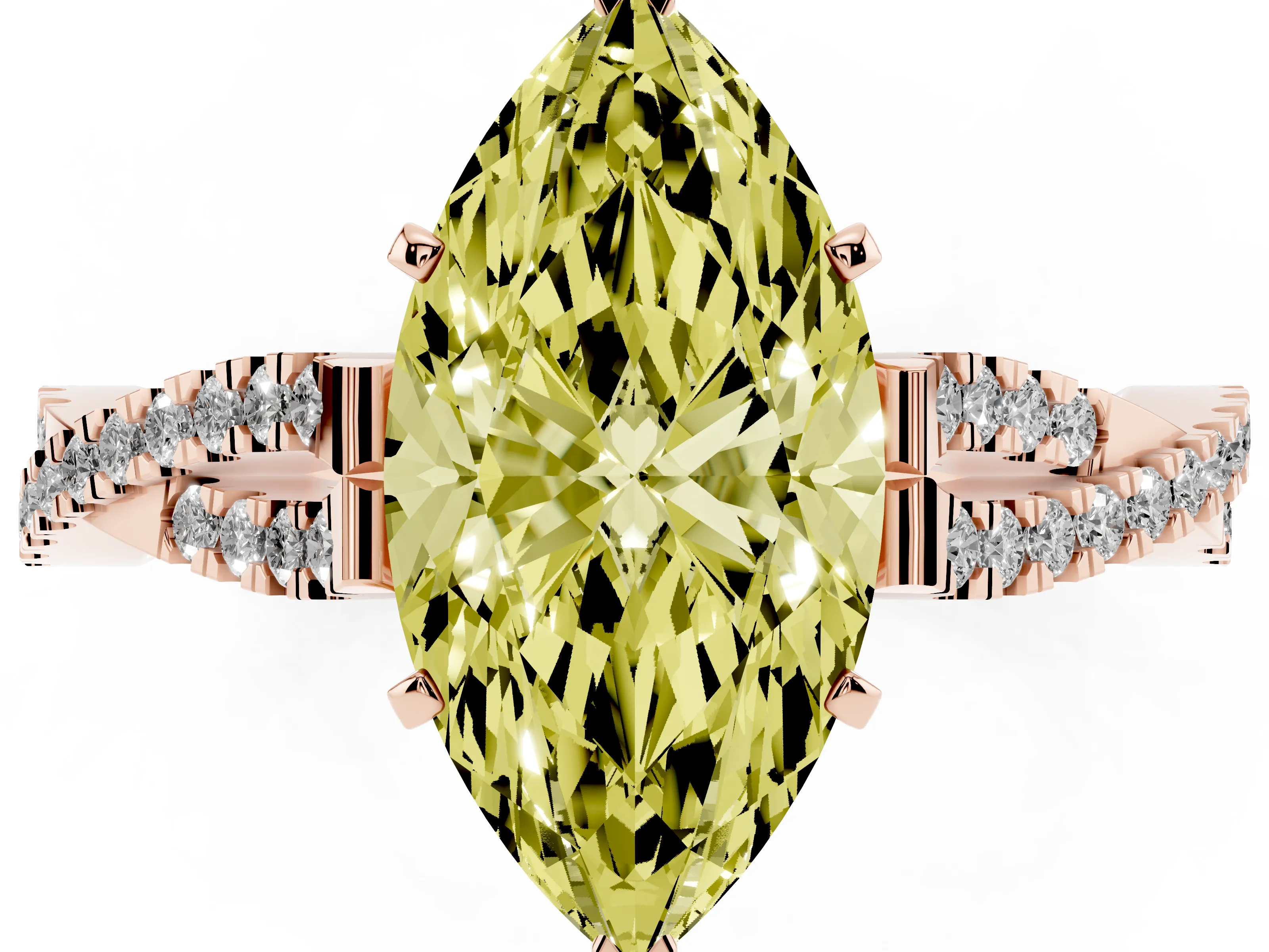 Fancy Yellow Marquise Cut Diamond Solitaire Engagement Ring Set in Rose gold with Twisted Pavé Band and Prong Setting