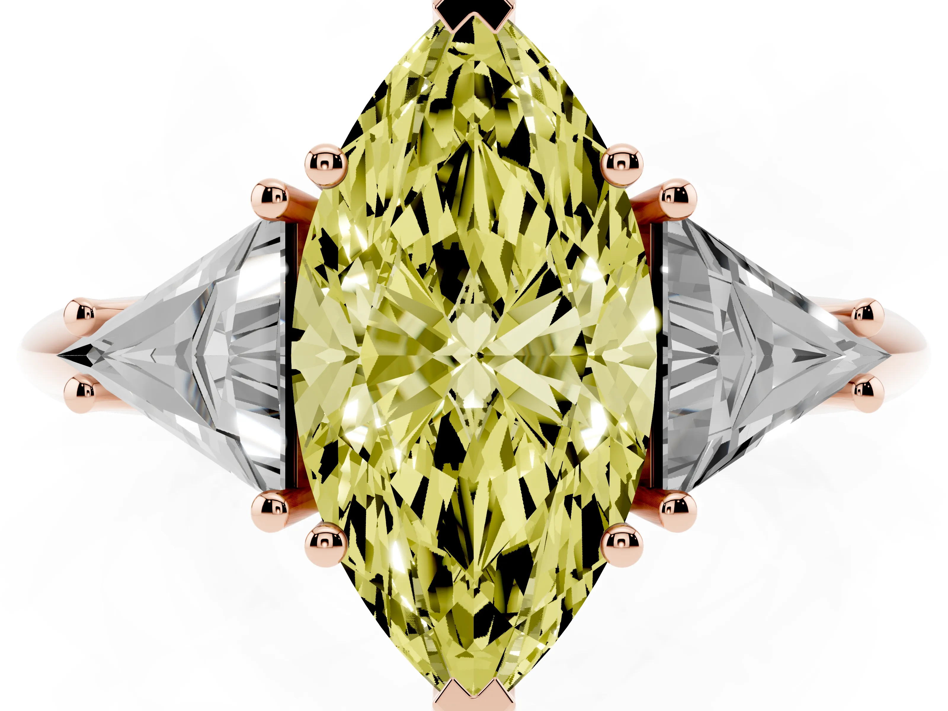 Fancy Yellow Marquise Cut Diamond Three-Stone Engagement Ring Set in Rose gold with Trillion Side Stones