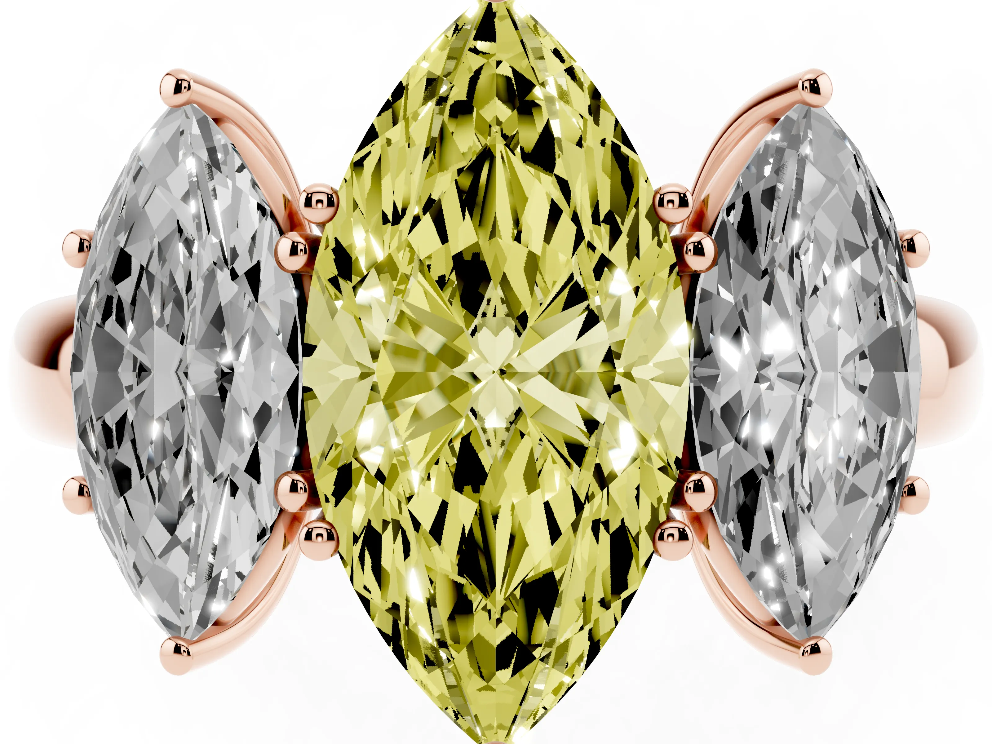 Fancy Yellow Marquise Cut Diamond Three-Stone Ring Set in Rose gold with Bold Center and Classic Band