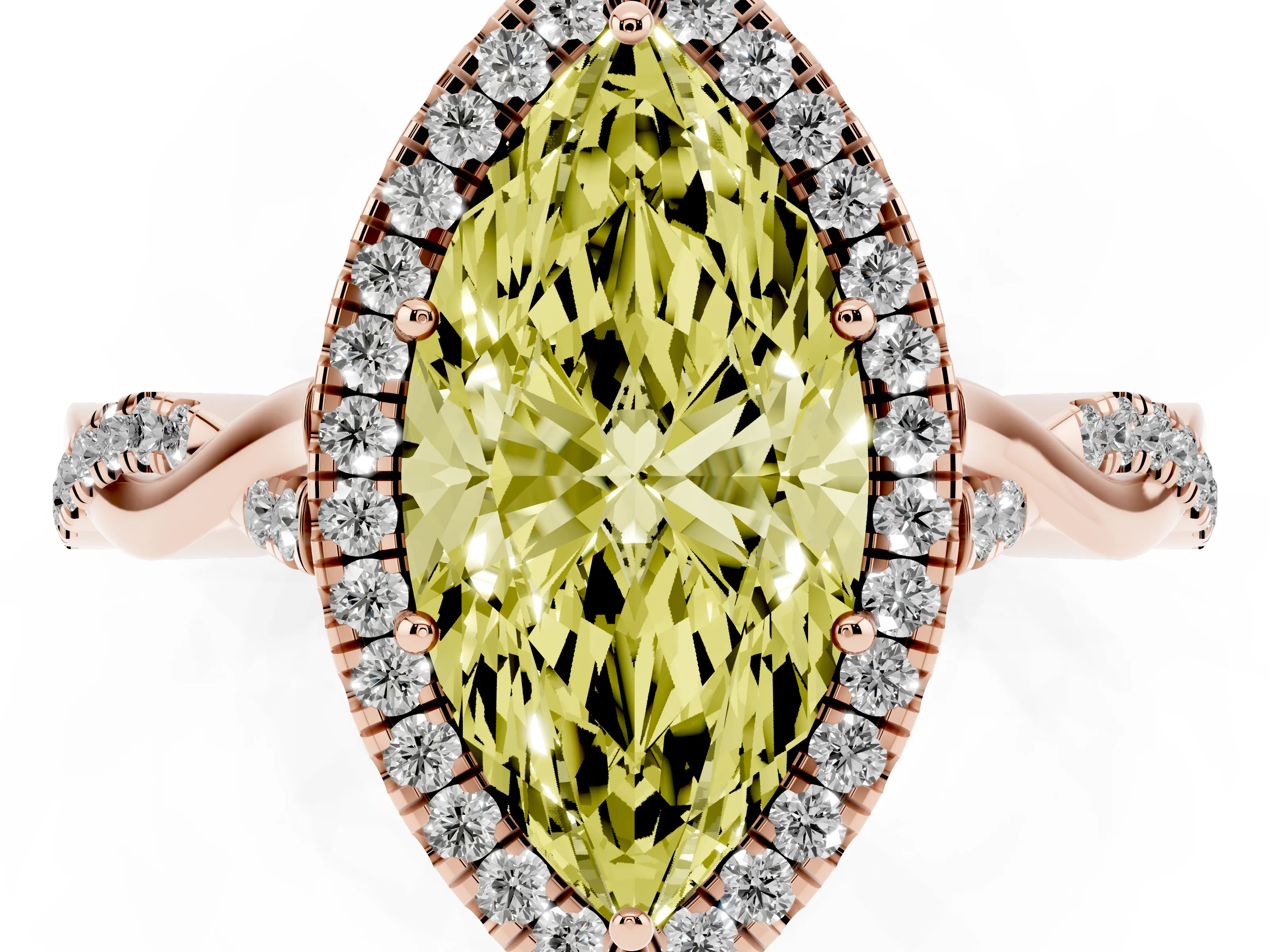 Fancy Yellow Marquise Cut Diamond Halo Twist Band Solitaire Ring Set in Rose gold with Prong Setting